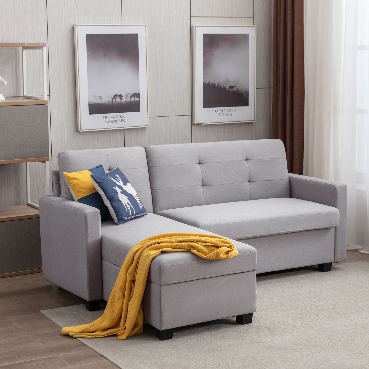 Convertible Sleeper Sofa Bed with Chaise and Memory Foam Mattress, Light Gray Linen