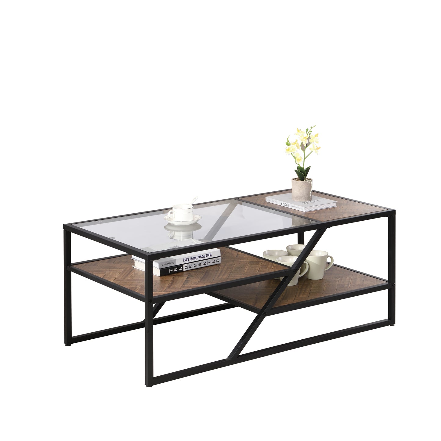 Sleek Black Coffee Table with Tempered Glass Top and Storage Shelf: Ideal for Living Room and Bedroom