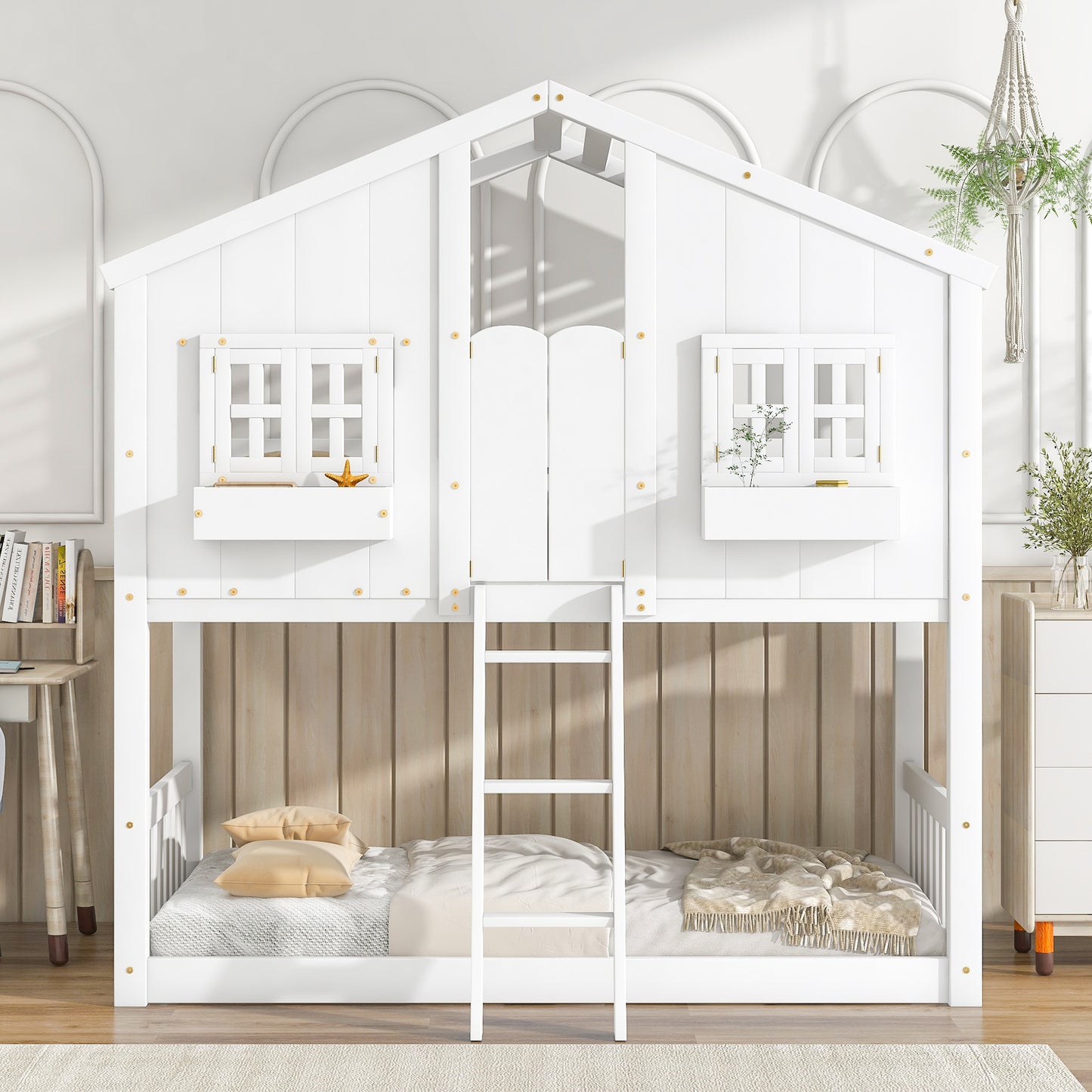 Cabin Inspired Kids' White Bunk Bed with Roof, Window, and Door