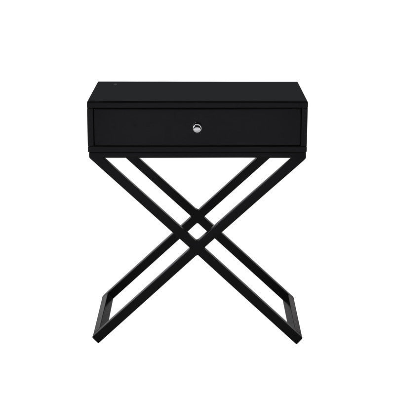 Koda Black Wooden End Side Table Nightstand with Glass Top, Drawer and Metal Cross Base