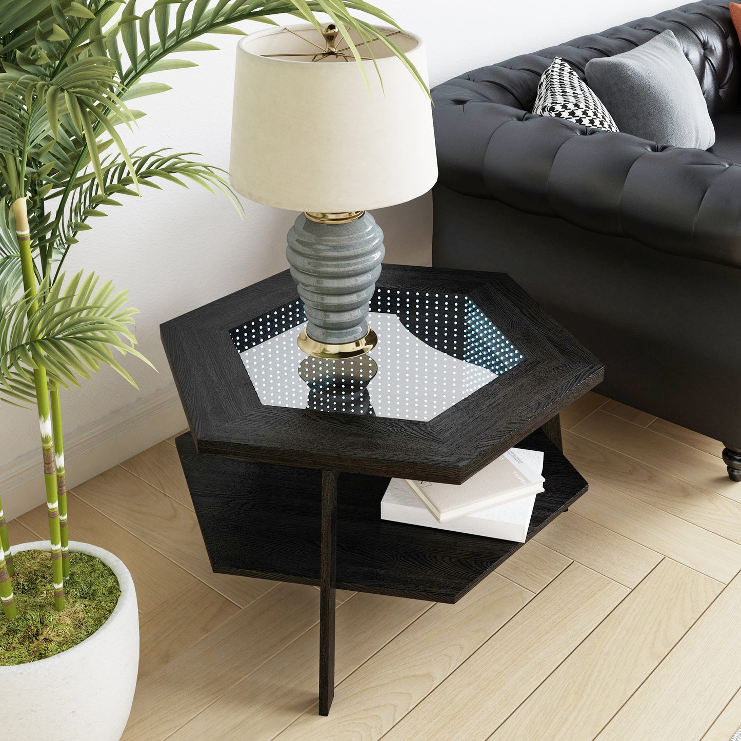 Modern Hexagonal LED Coffee Table with Bluetooth Speakers and Storage