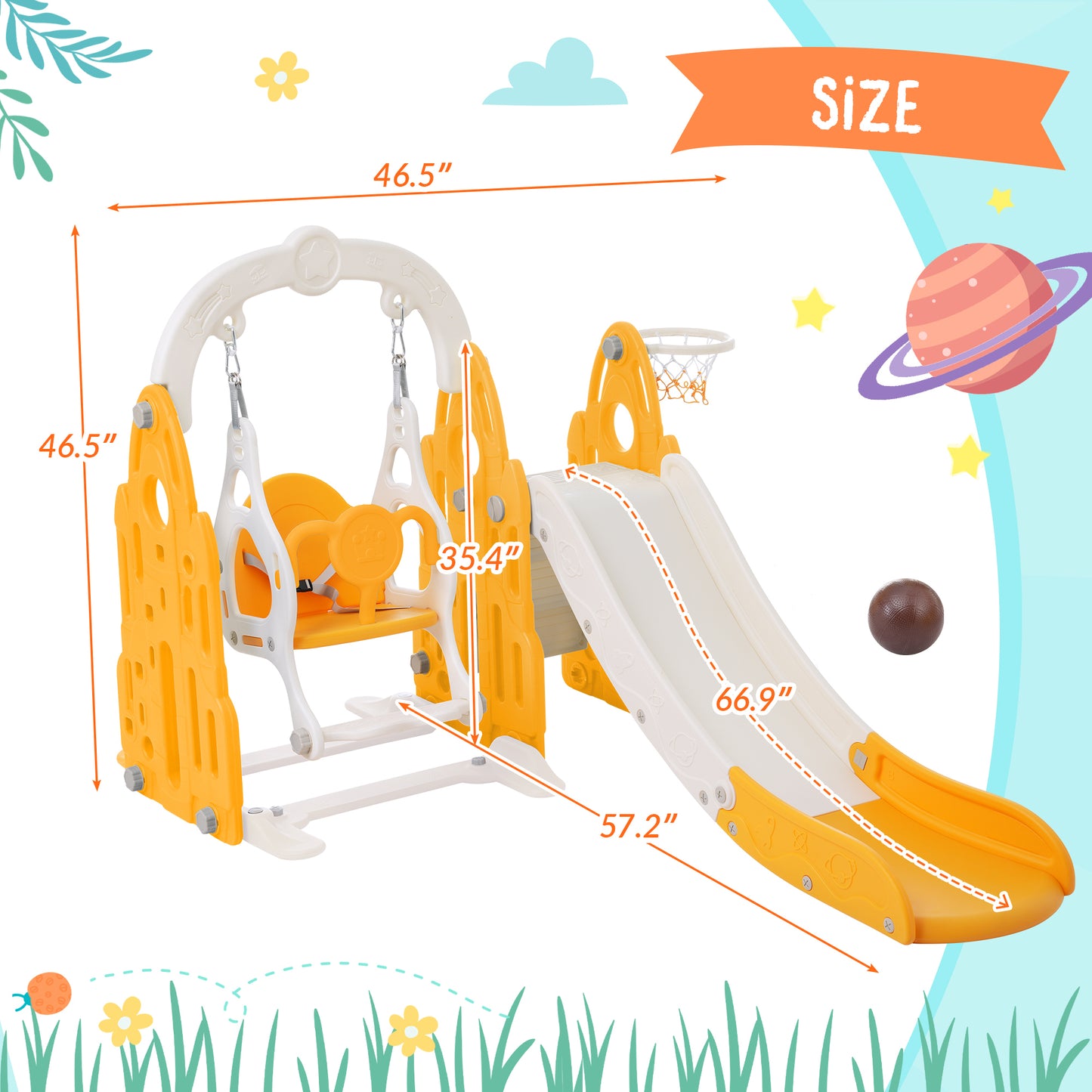 4 in 1 Toddler Playground Climber Slide and Swing Set with Basketball Hoop