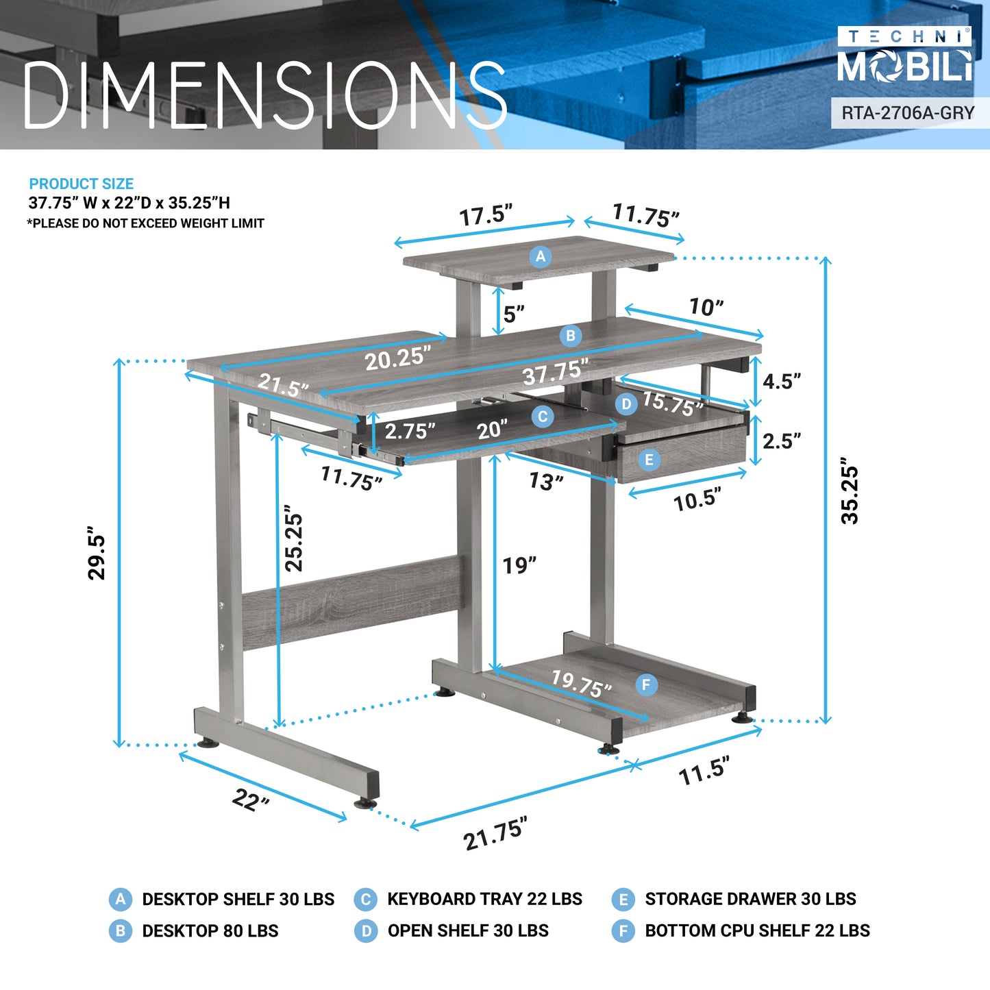 Techni Mobili Grey Computer Workstation Desk