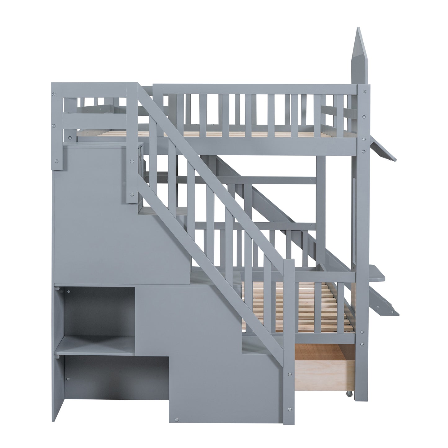 Castle Loft Bunk Bed with Slide, Drawers, and Shelves - Gray: Magical Castle Style Loft Bed with Slide, Drawers, and Shelves