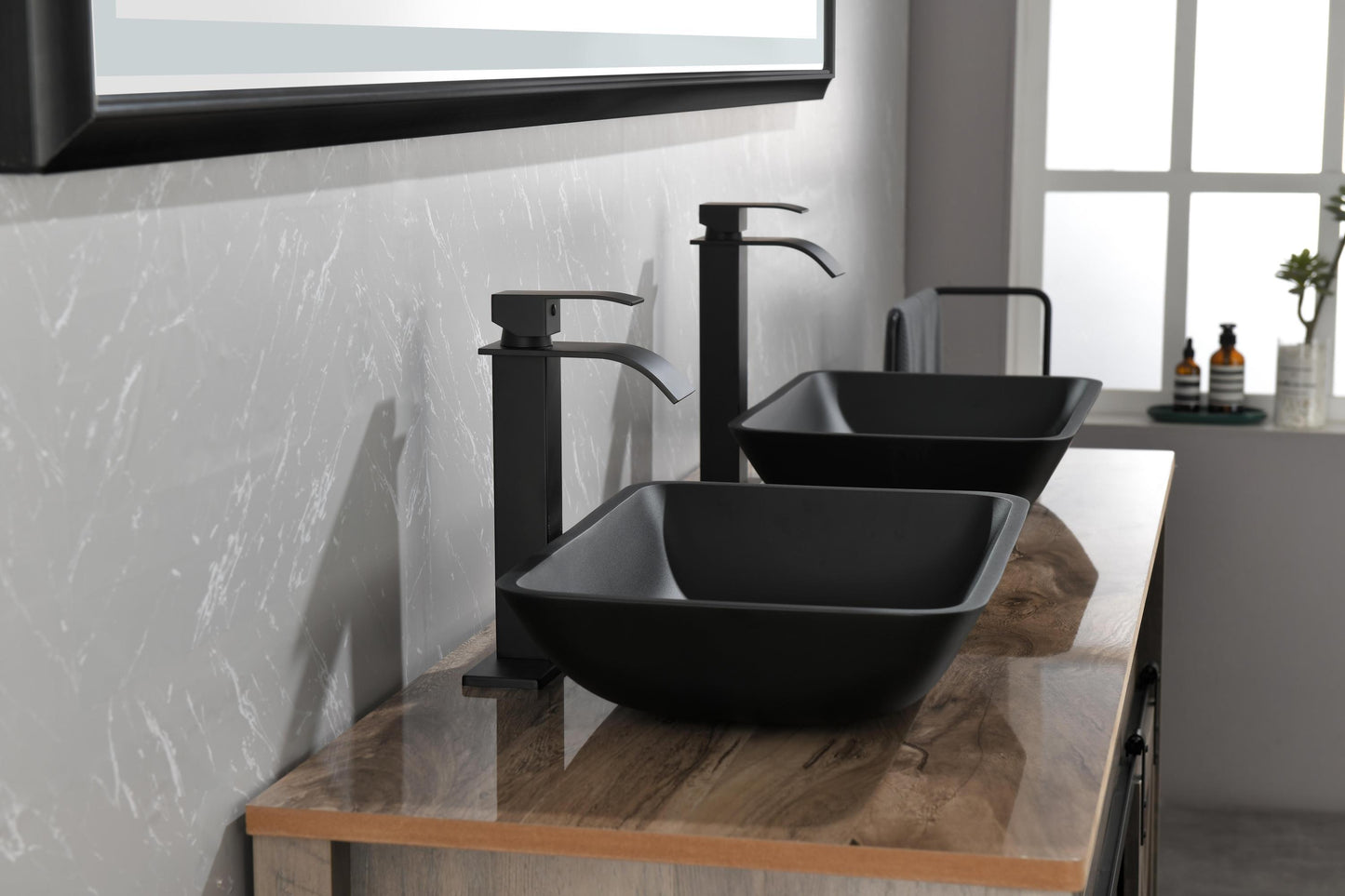 Black Matte Glass Vessel Bathroom Sink Set with Faucet and Drain