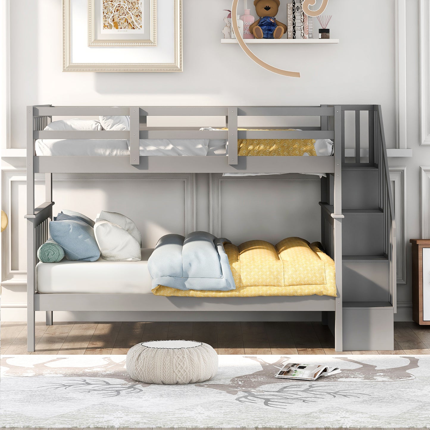 Gray Full Bunk Bed with Staircase Storage and Guard Rail