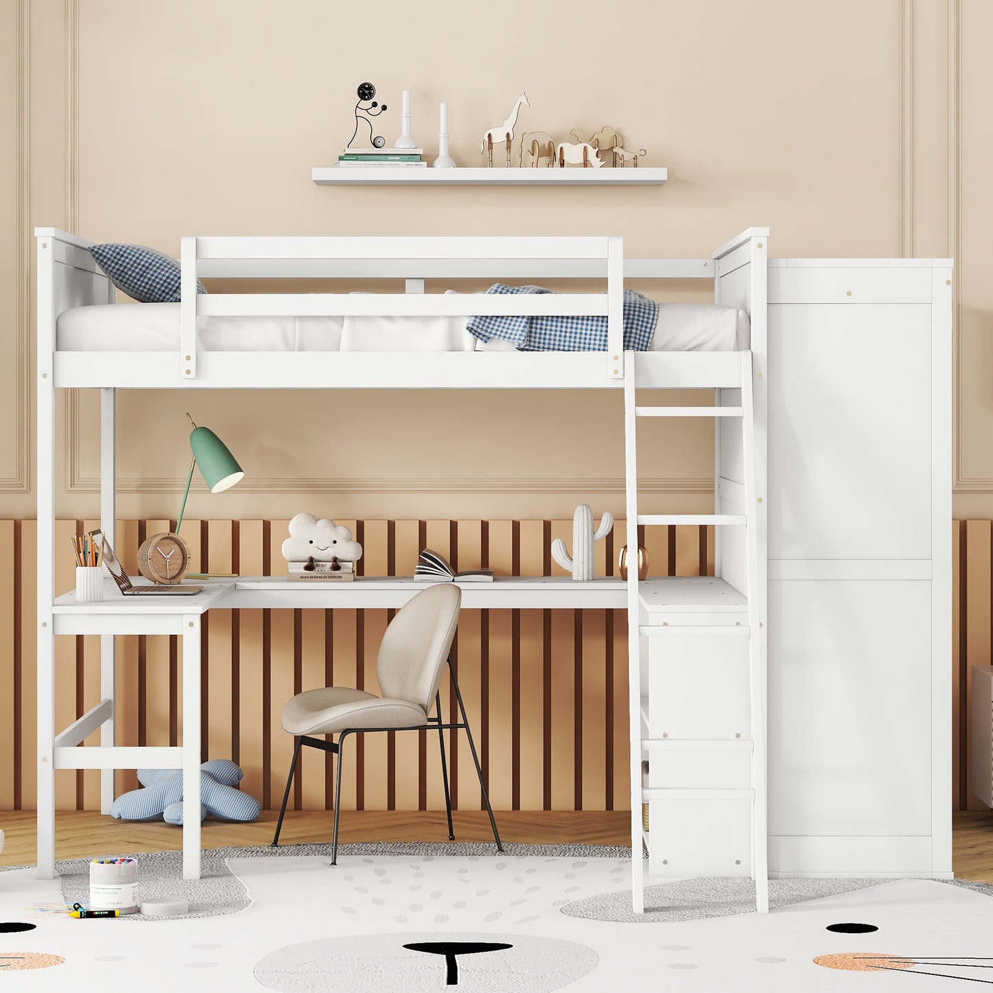 Full size Loft Bed with Desk, Shelves and Wardrobe-White