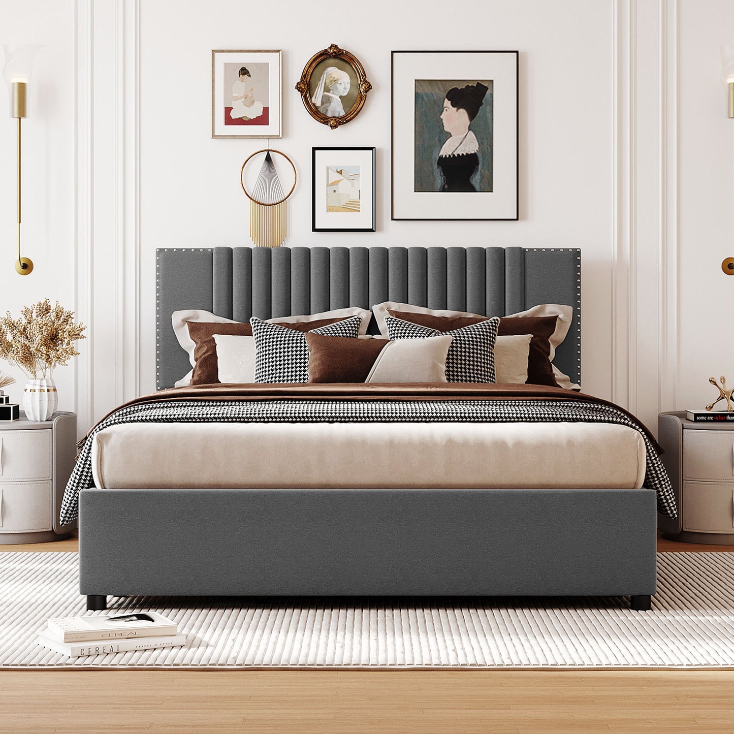 Queen Size Upholstered Platform Bed with Classic Headboard and 4 Drawers, Linen Fabric, Gray