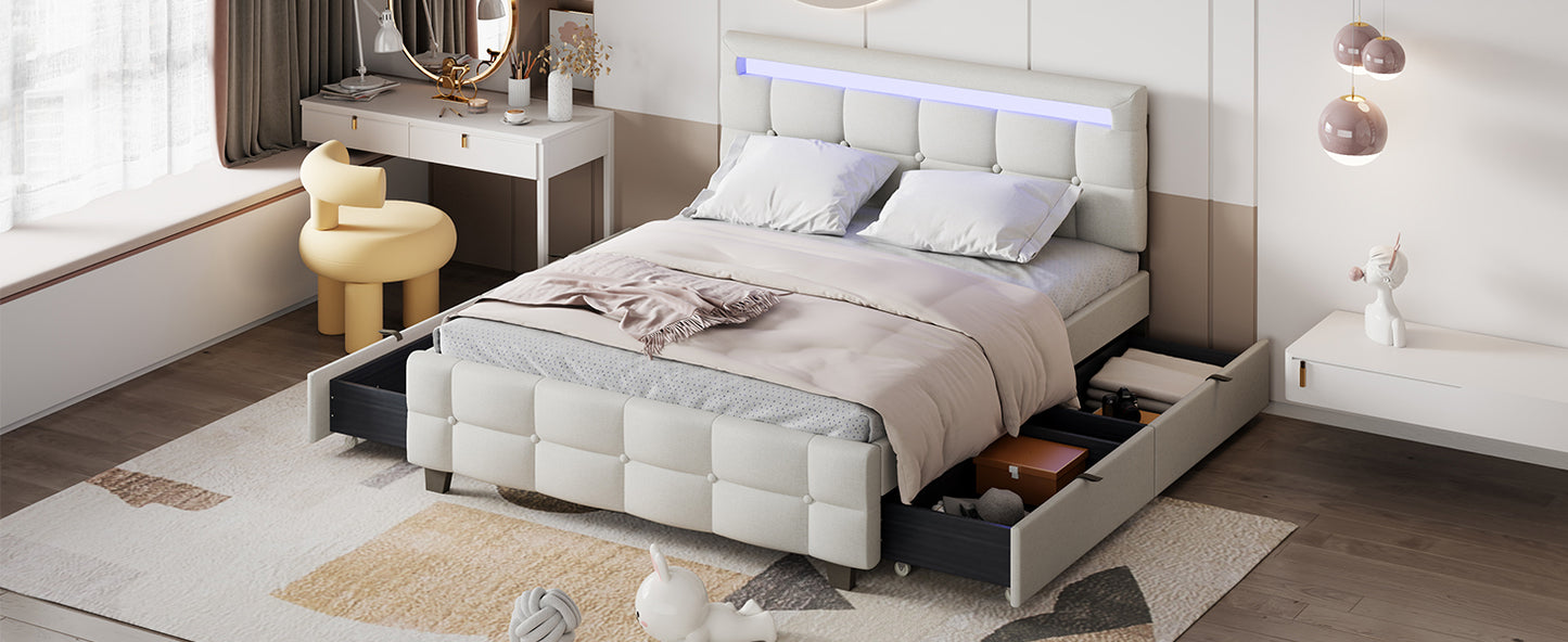 Queen Size Upholstered Platform Bed with LED Frame and 4 Drawers, Linen Fabric, Beige