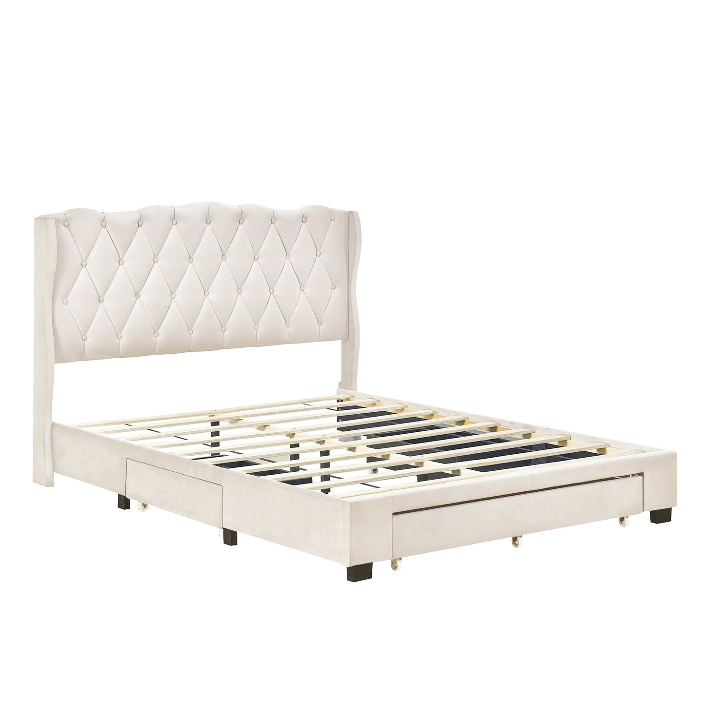 Upholstered Platform Bed with Tufted Headboard and 3 Drawers, No Box Spring Needed, Velvet Fabric, Queen Size Beige