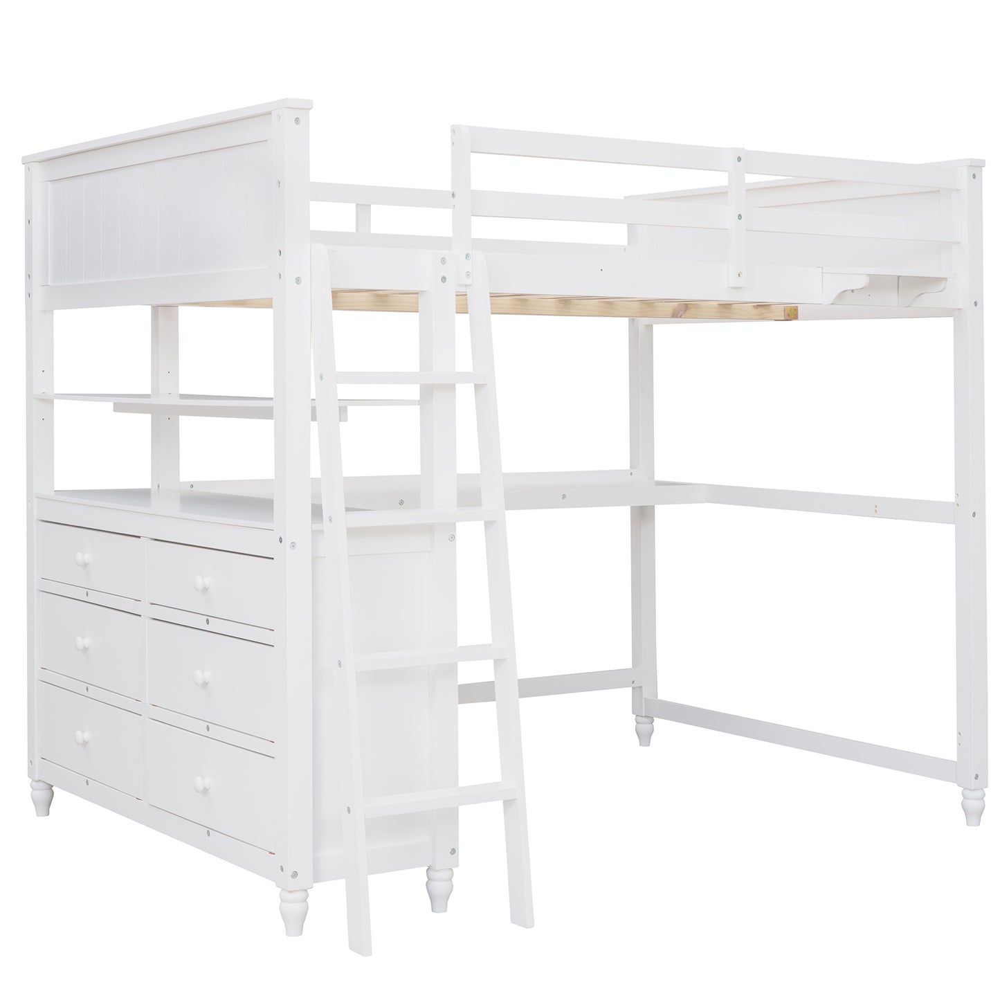 Full size Loft Bed with Drawers and Desk, Wooden Loft Bed with Shelves - White