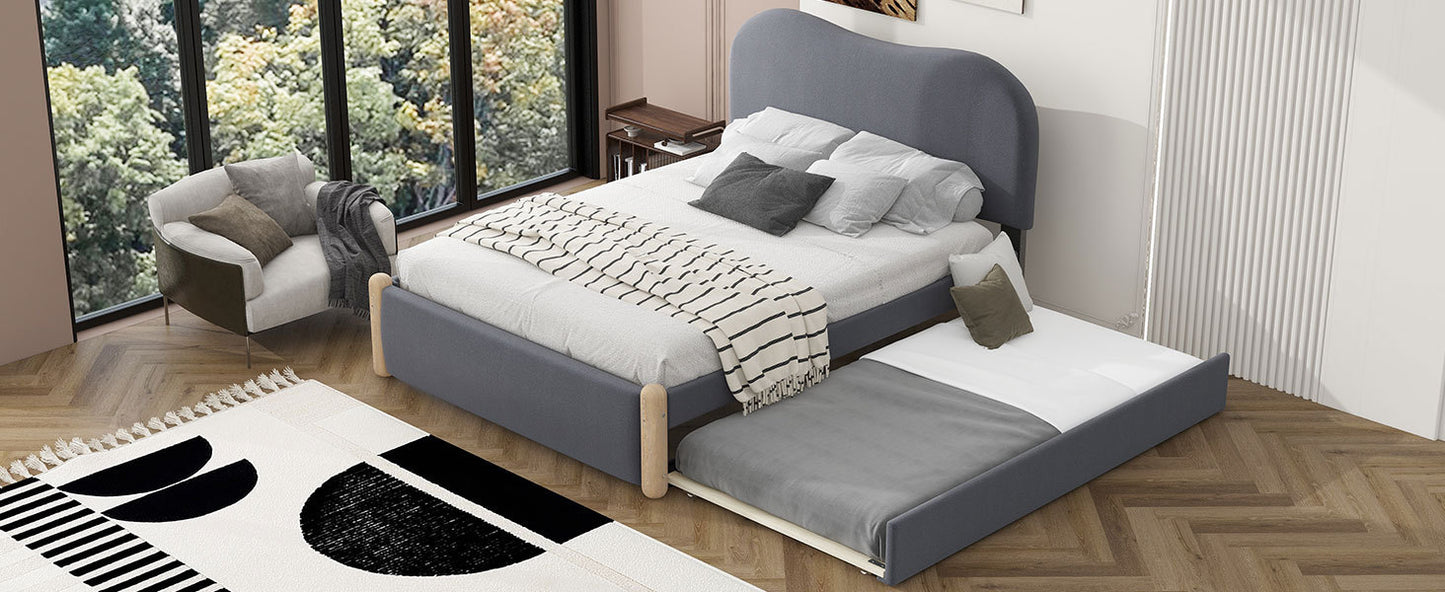 Full Size Upholstered Platform Bed with Wood Supporting Feet and Twin Size Trundle, Gray