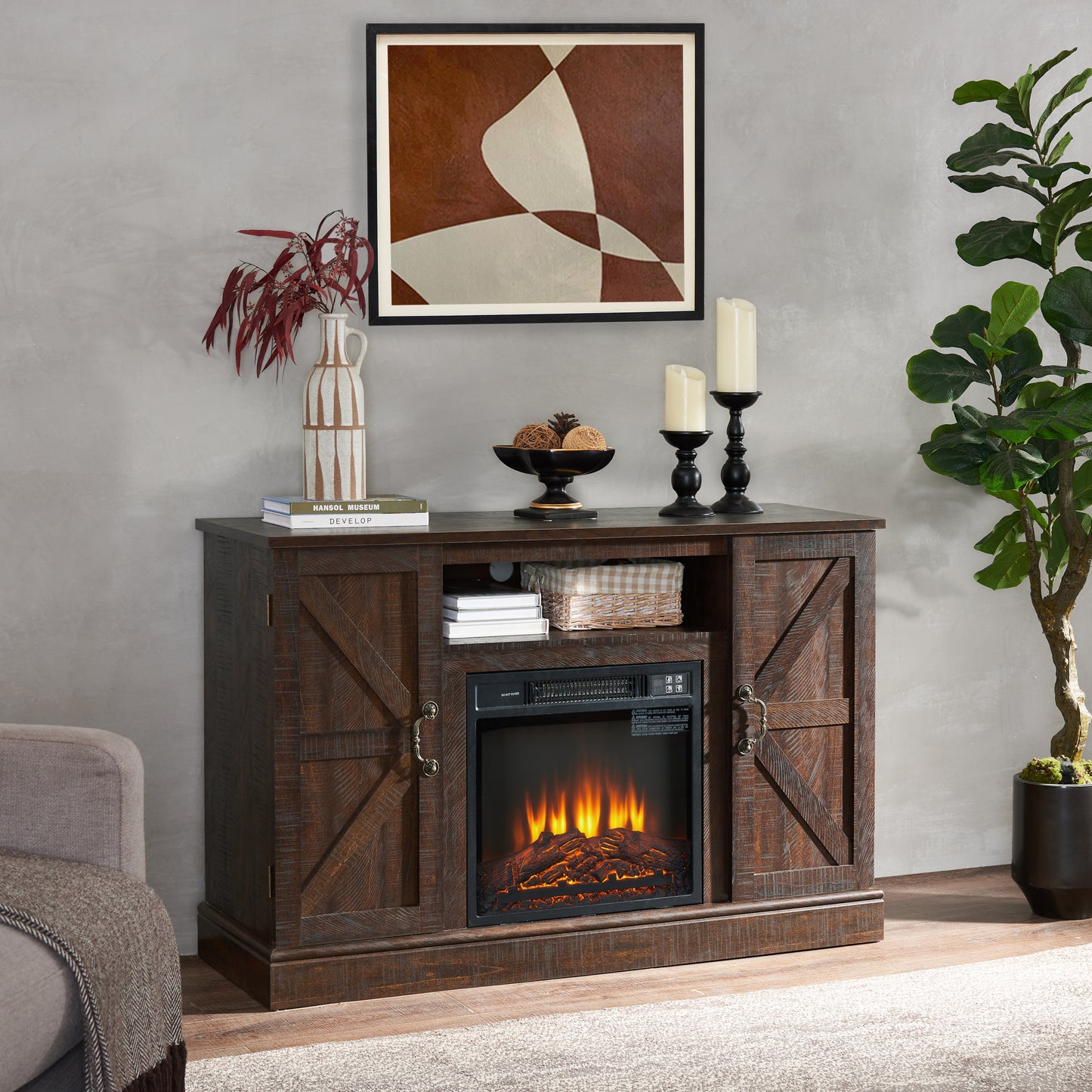 Classic Farmhouse TV Stand with Electric Fireplace Insert and Storage Space for TV up to 50