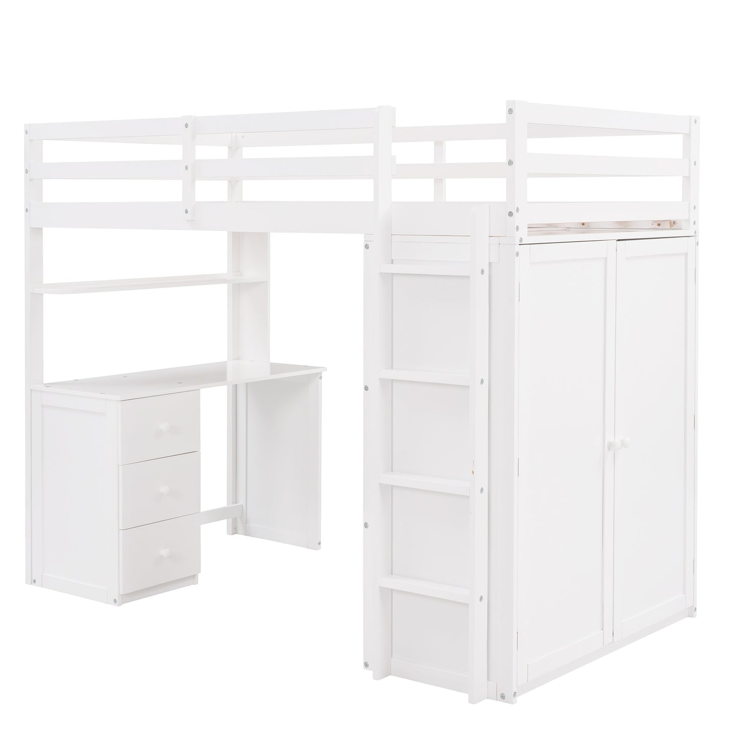 Twin size Loft Bed with Drawers,Desk,and Wardrobe-White