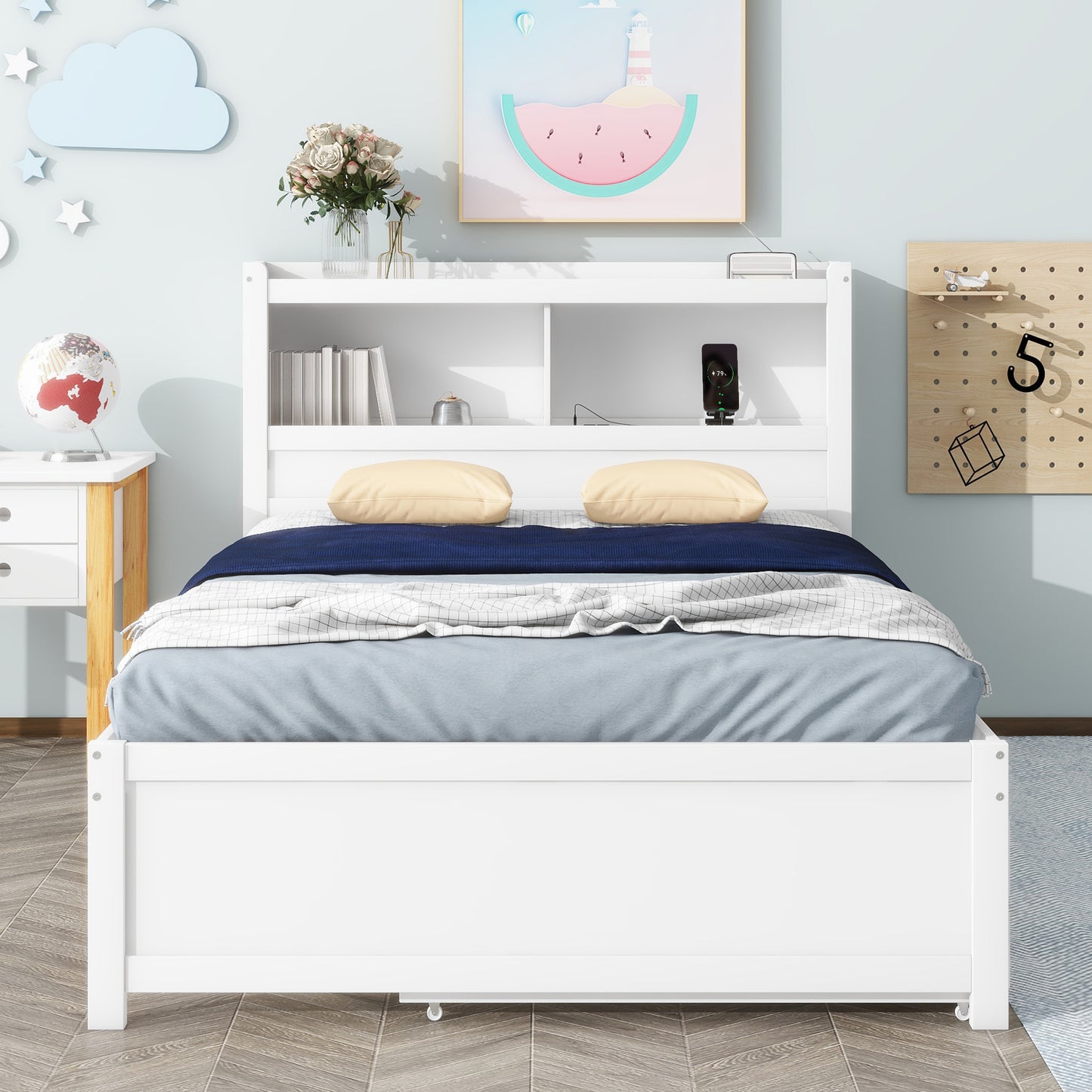 Full Size platform bed with trundle, drawers and USB plugs, White