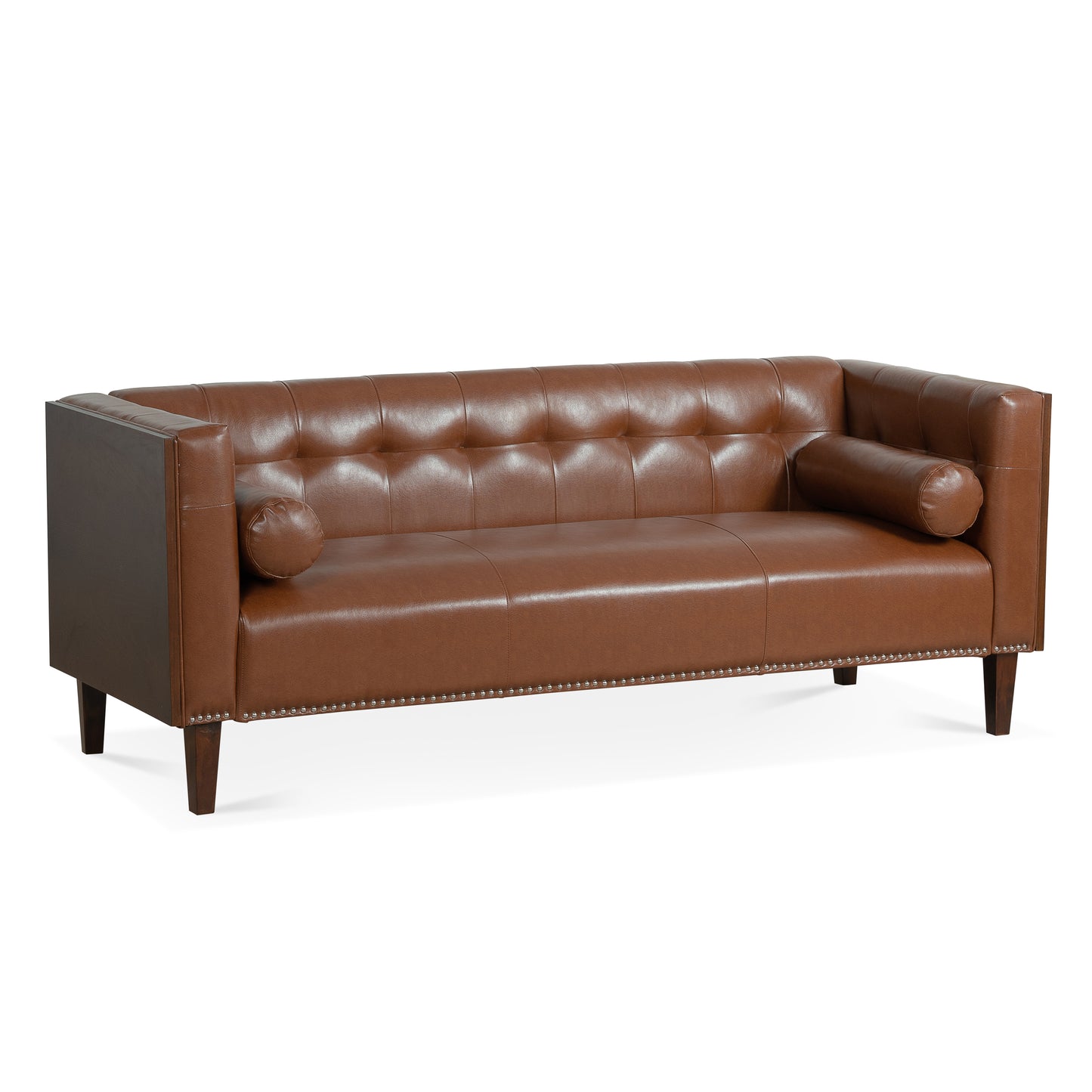 78.74 Brown Leather 3-Seater Sofa with Round Pillows