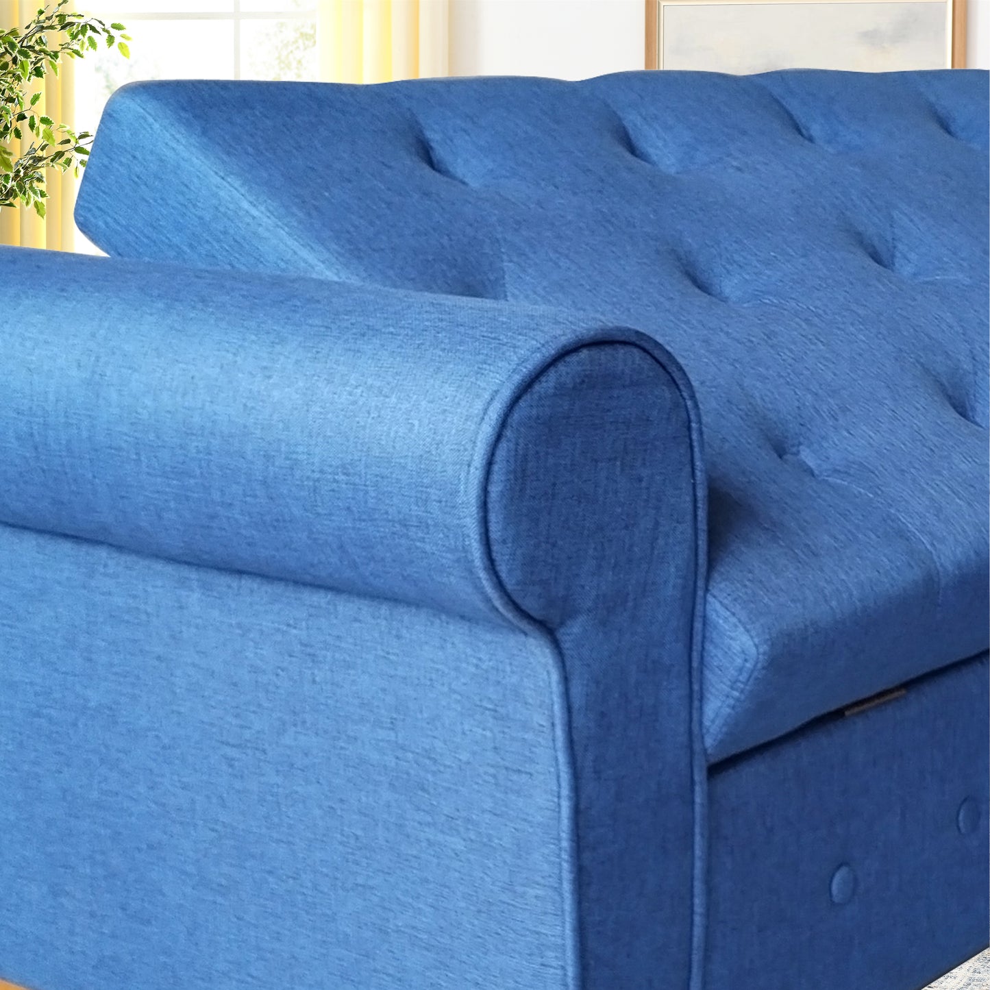 62" Bedroom Tufted Button Storage Bench, Linen Upholstered Ottoman, Window Bench, Rolled Arm Design for Bedroom, Living Room, Foyer (Blue)