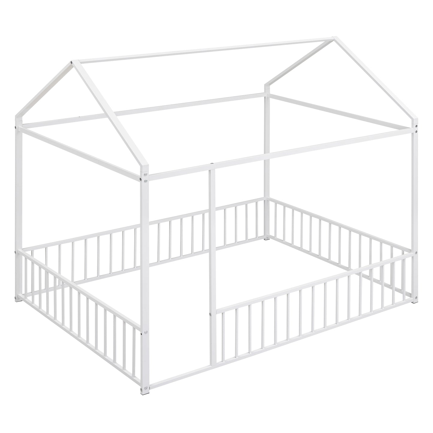 Full Size Metal Bed House Bed Frame with Fence, for Kids, Teens, Girls, Boys,White