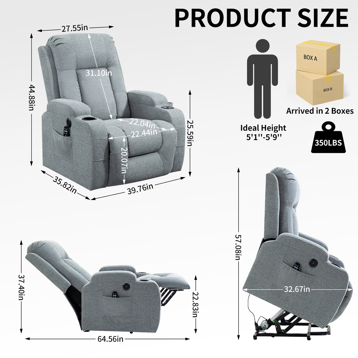 Infinite Position Okin Motor Power Lift Recliner Chair with Massage and Heating - Grey