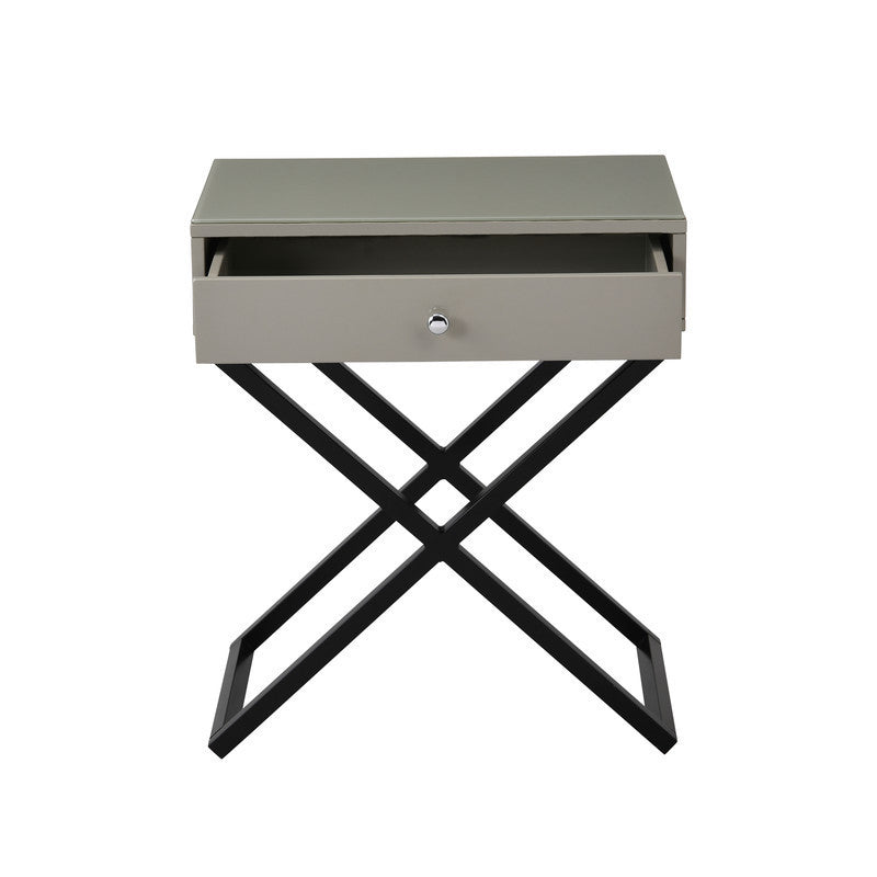 Koda Taupe Wooden End Side Table Nightstand with Glass Top, Drawer and Metal Cross Base