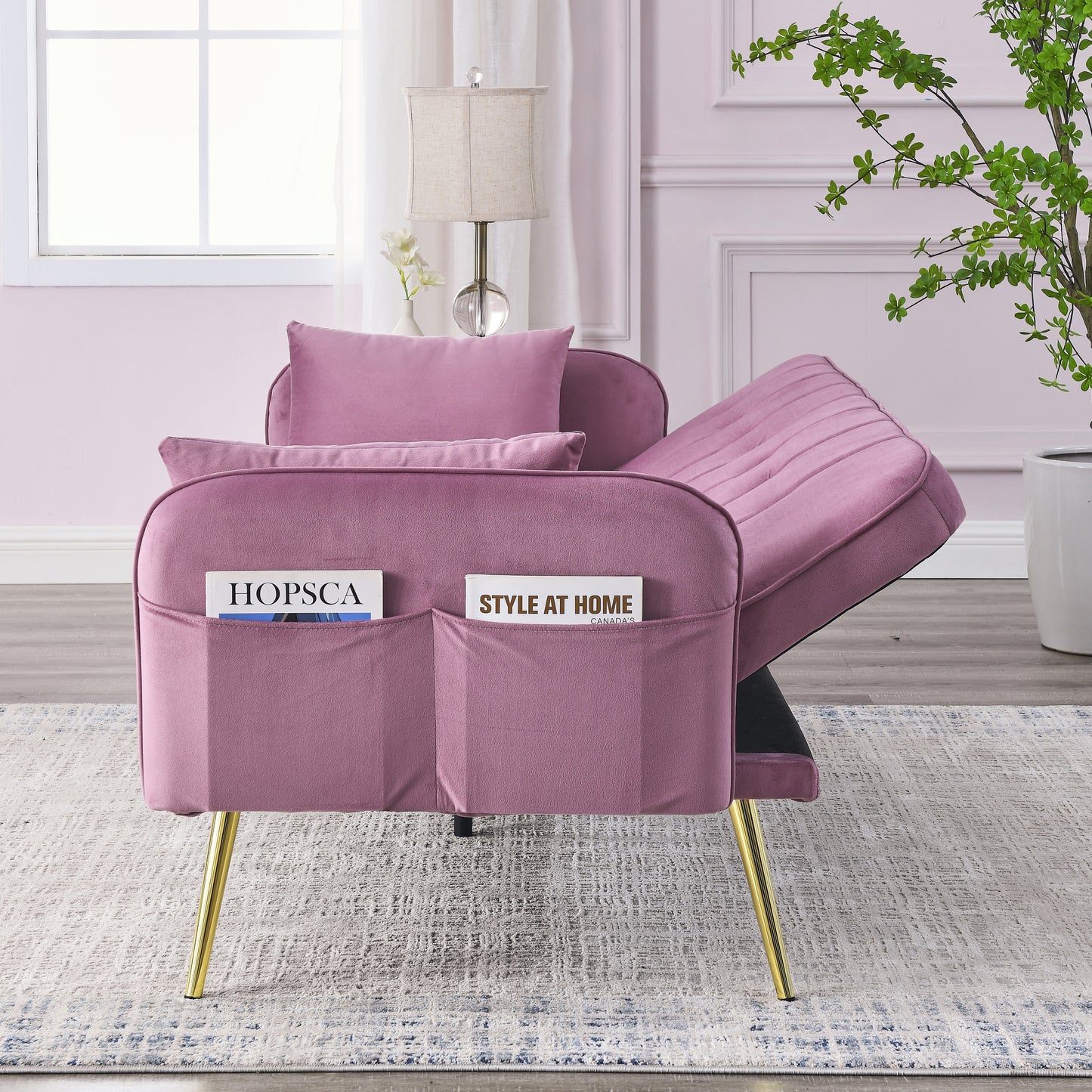 72.5 Pink Velvet Convertible Sofa Bed with Adjustable Backrest and Metal Legs