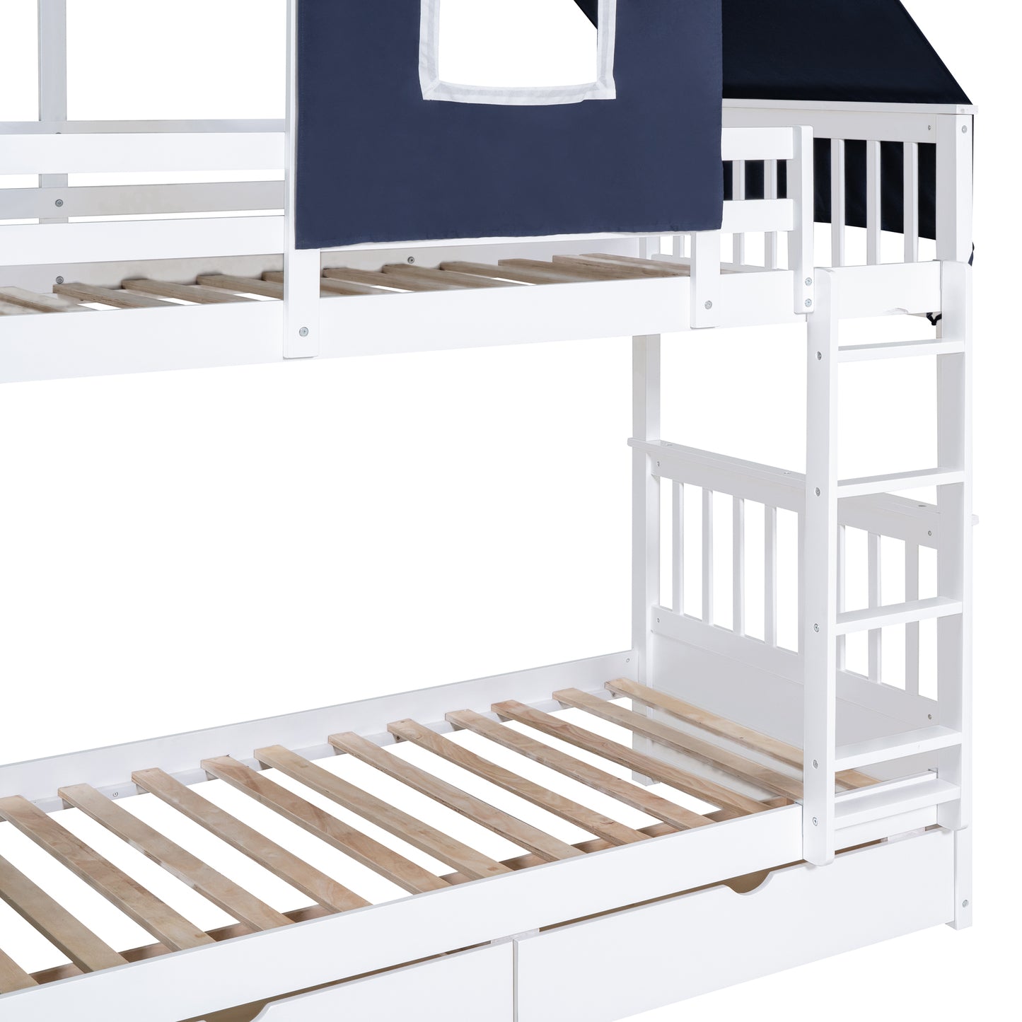 House-Shaped Twin Bunk Bed with Tent, Drawers, White & Blue