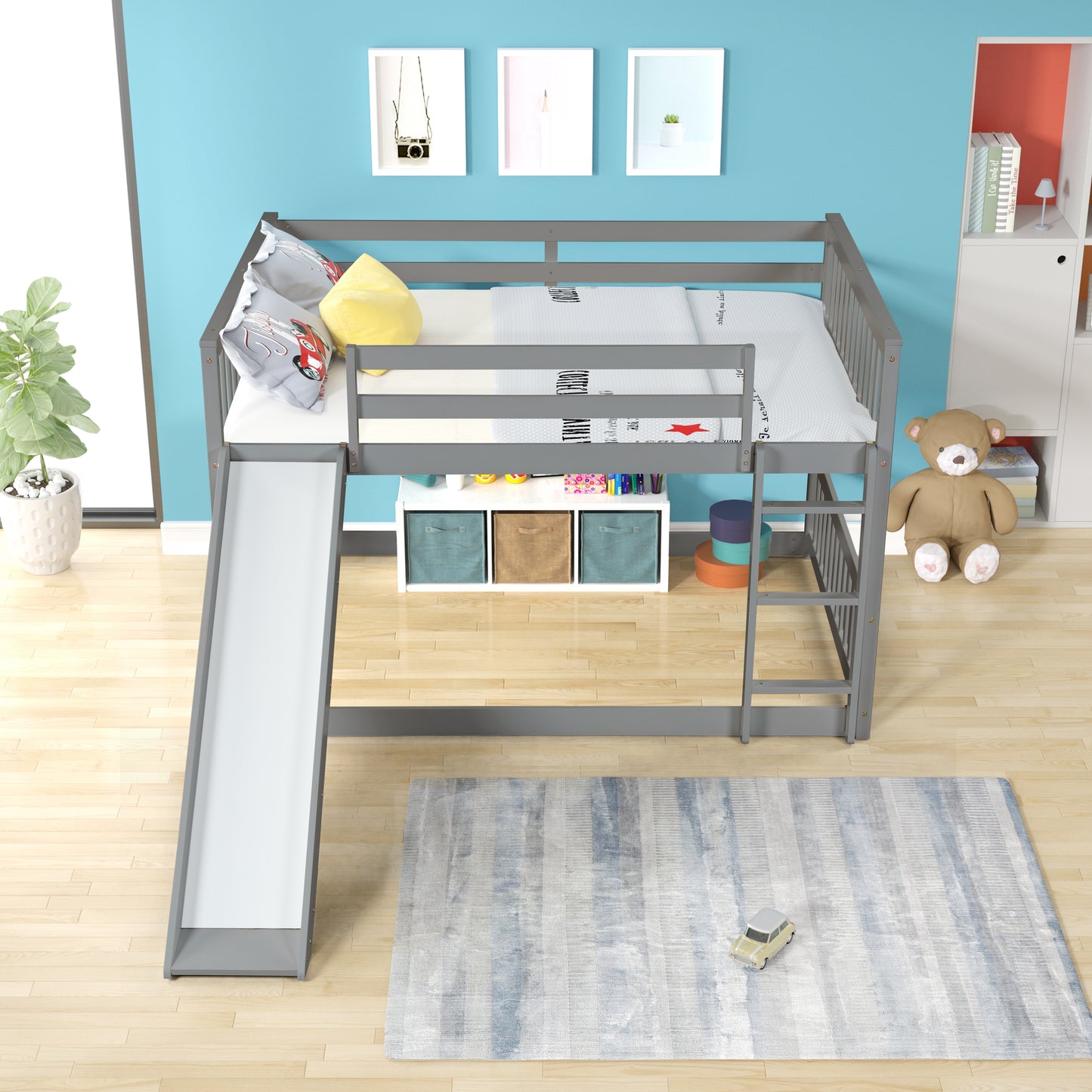 Grey Bunk Bed with Slide, Ladder, and Modern Design