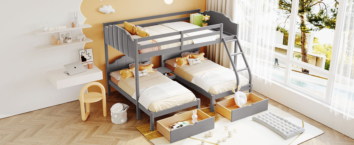 Gray Velvet Triple Bunk Bed with Full Over Twin & Twin, Drawers, Guardrails, and Space-Saving Design