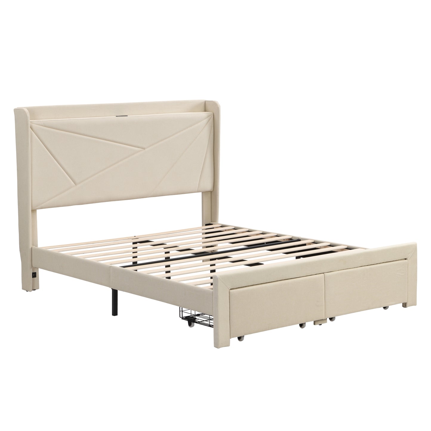 Queen Size Bed Frame with 2 Storage Drawers, Upholstered Bed Frame with Wingback Headboard Storage Shelf Built-in  USB Charging Stations and Strong Wood Slats Support, No Box Spring Needed, Beige