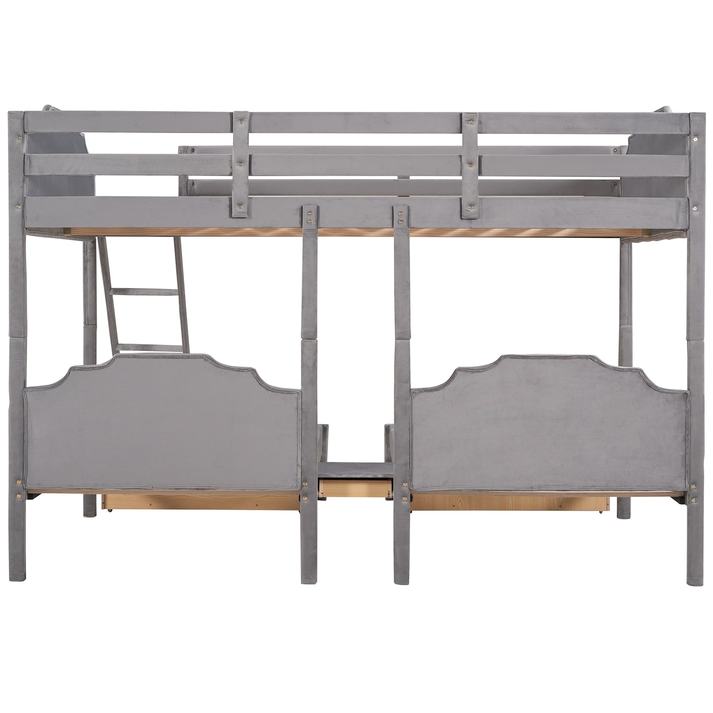 Gray Velvet Triple Bunk Bed with Full Over Twin & Twin, Drawers, Guardrails, and Space-Saving Design