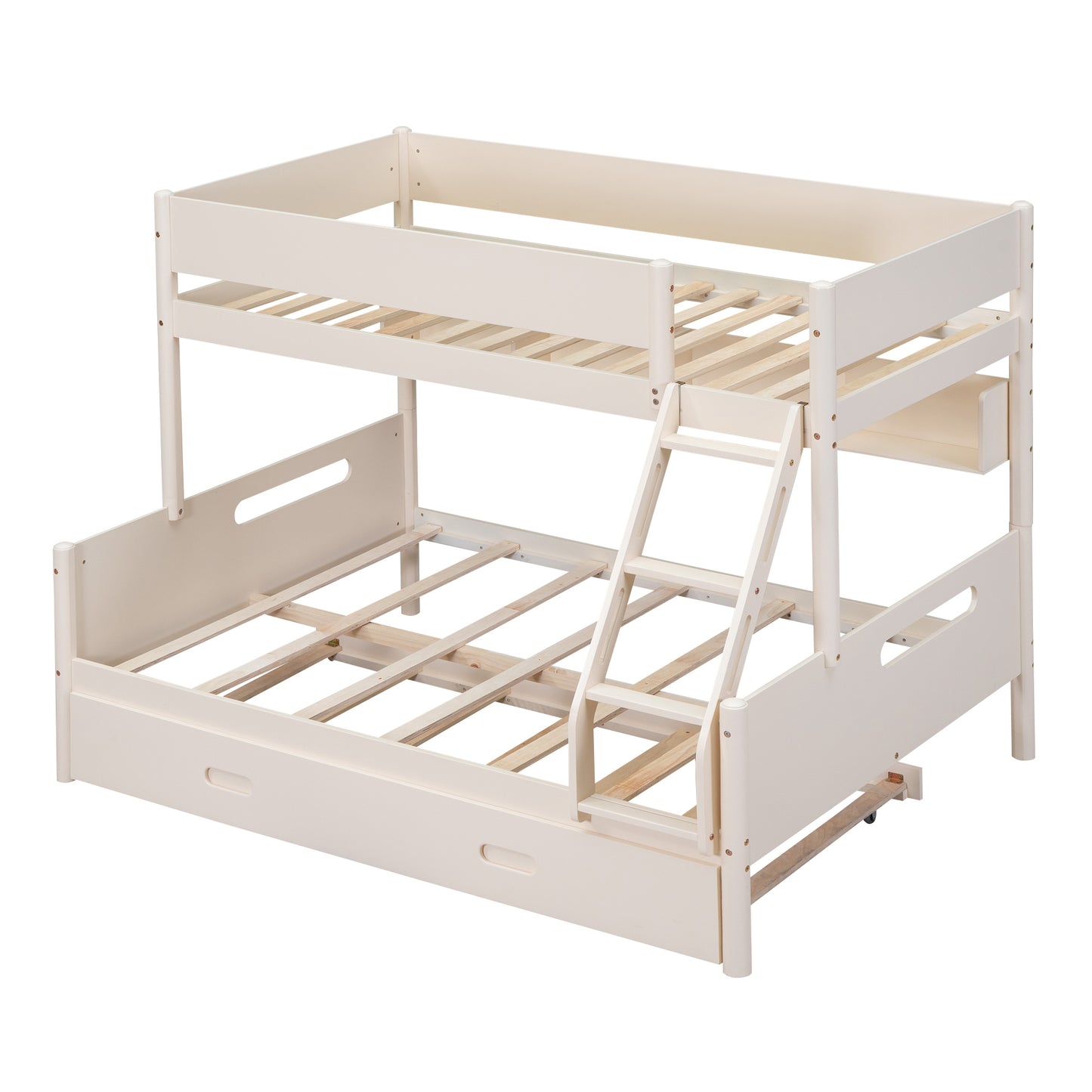 Cream Bunk Bed with Storage Shelves, Twin Trundle, and Solid Pine Construction