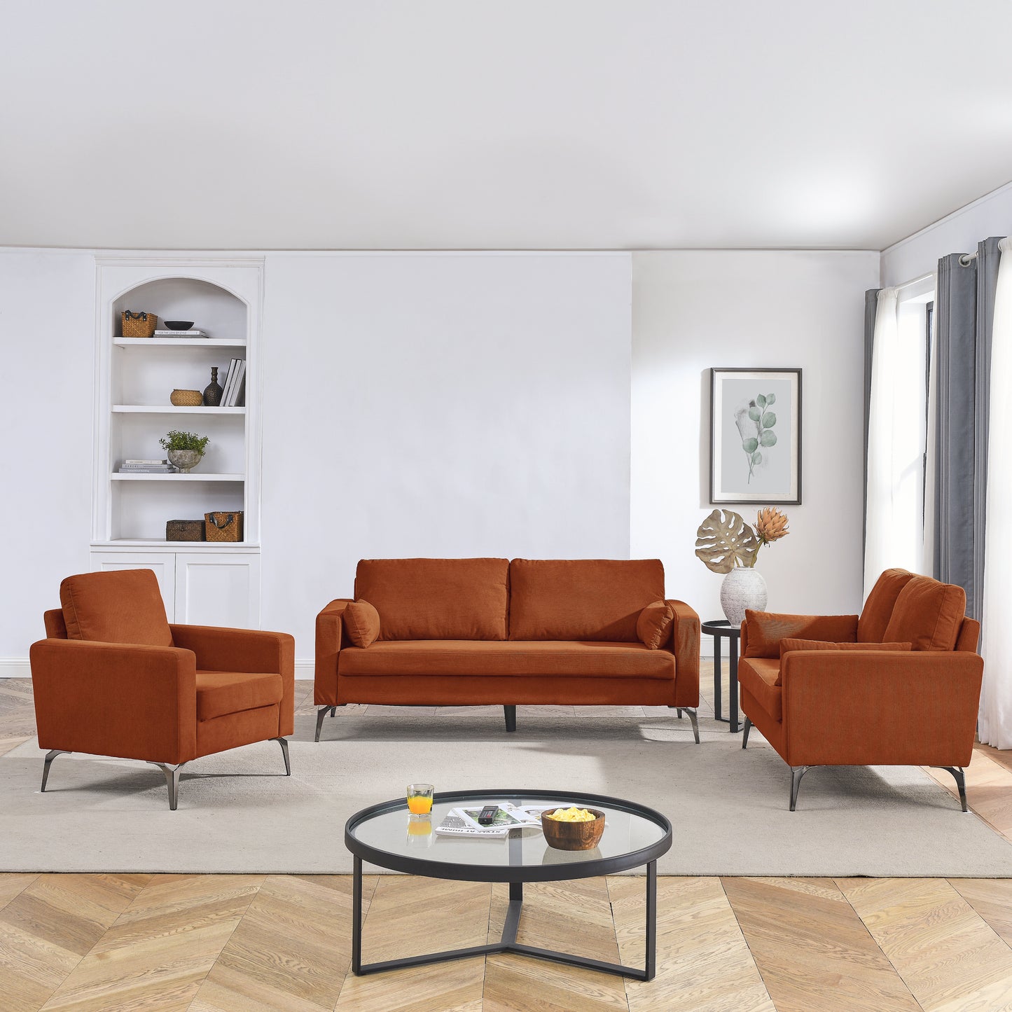 3-Piece Living Room Sofa Set with Corduroy Upholstery, Orange