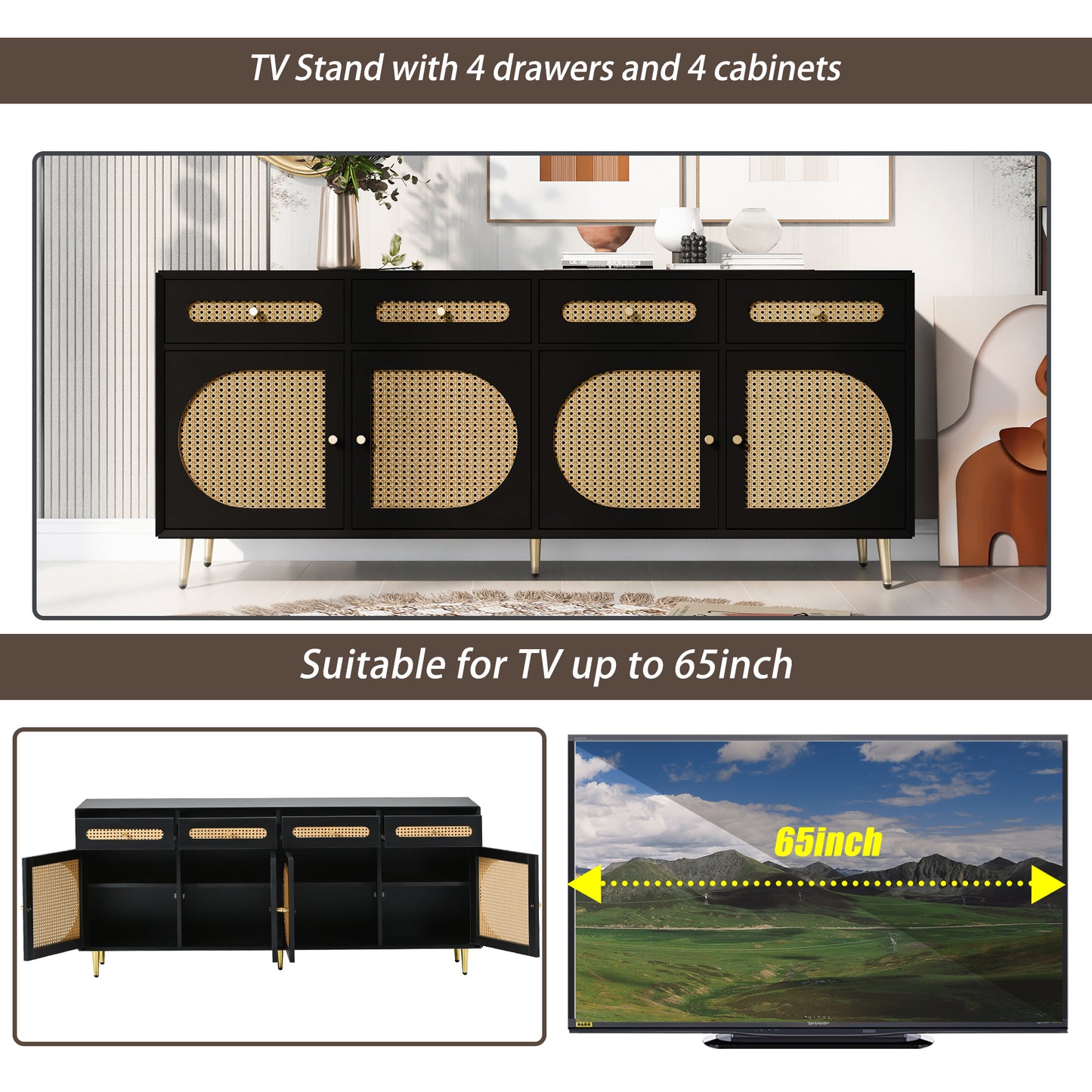 Rattan Door TV Stand with Adjustable Shelves for TVs up to 65