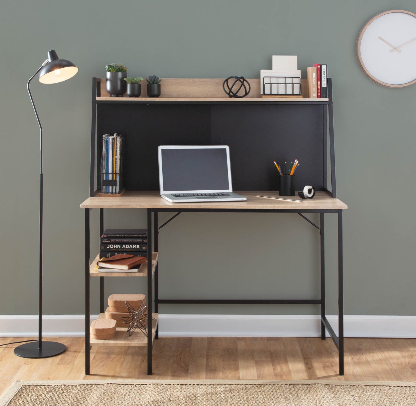 Elegant Black Steel and Wood Desk with Shelves for a Chic Workspace