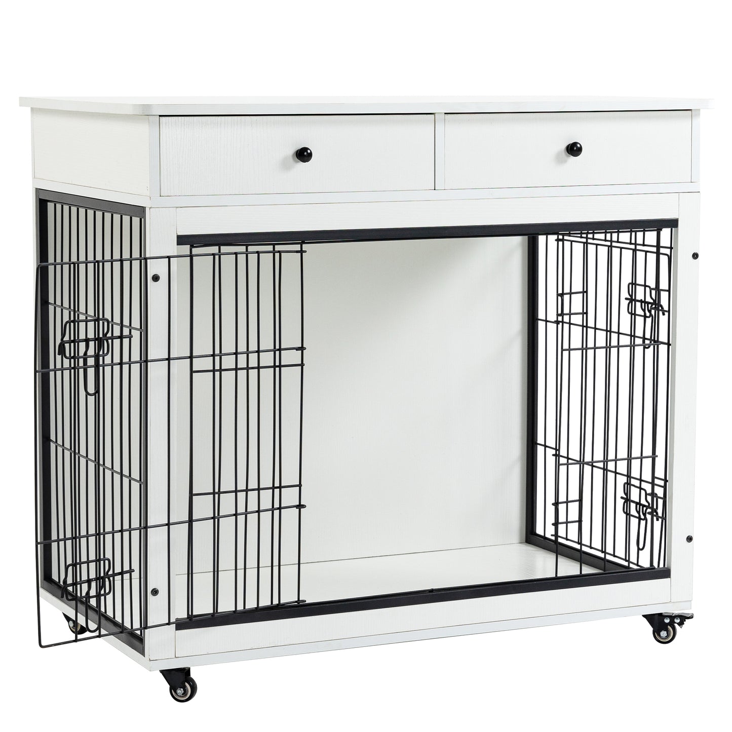 Dog Crate Furniture, Wooden Dog House, Decorative Dog Kennel with Drawer, Indoor Pet Crate End Table for Small Dog, Steel-Tube Dog Cage, Chew-Proof, White 31.7" L×23.2" W×33" H