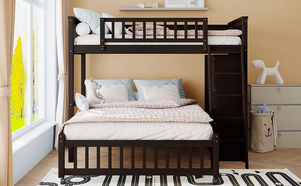 Espresso Wooden Bunk Bed with Twin Over Full, 6 Drawers, and Flexible Shelves - Versatile Solid Wood Bunk Bed with Storage and Removable Bottom Bed