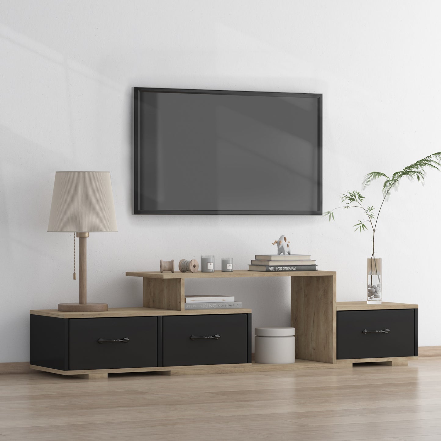 Elegant Light Brown and Black TV Stand with Foldable Fabric Drawer