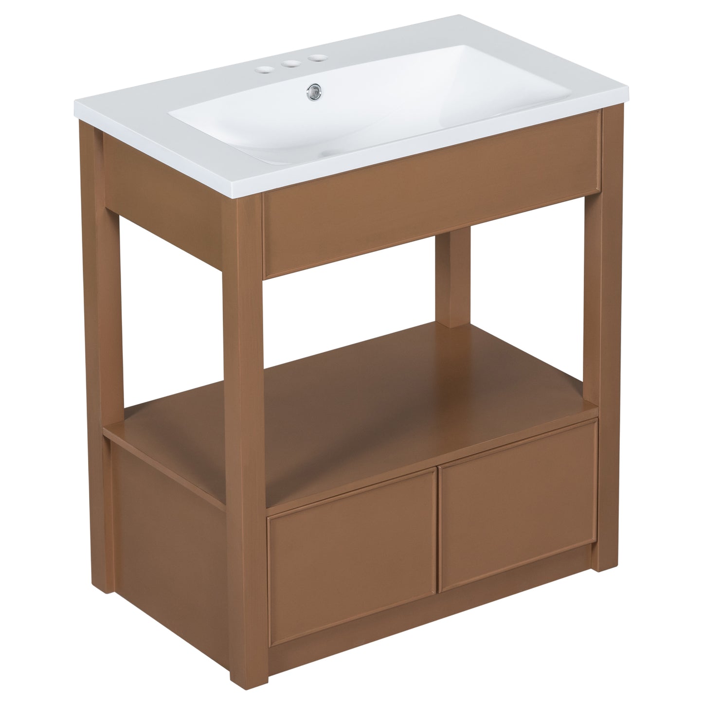 30" Bathroom Vanity with Sink Top, Bathroom Cabinet with Open Storage Shelf and Two Drawers, Brown