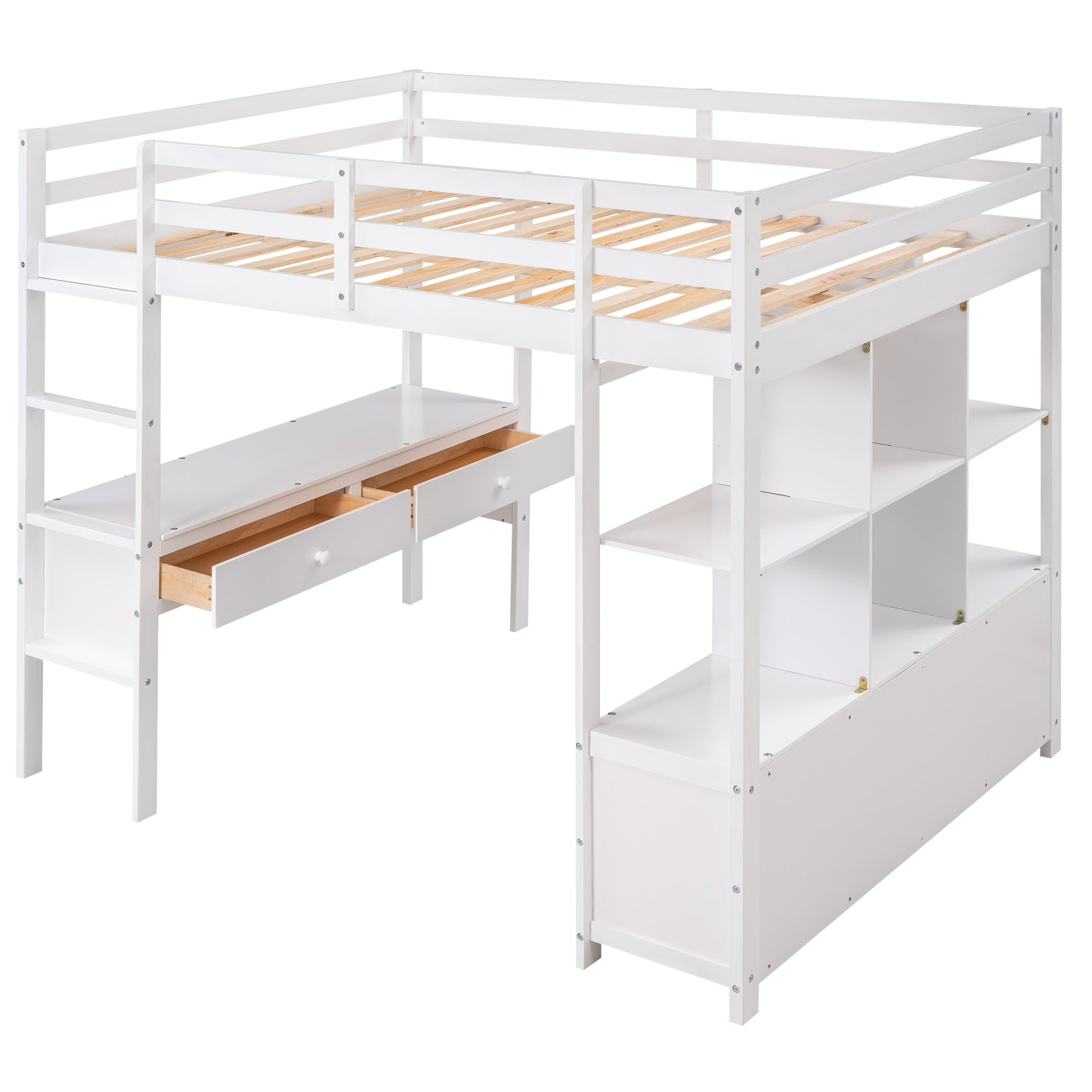 Full Size Loft Bed with Built-in Desk with Two Drawers, and Storage Shelves and Drawers,White