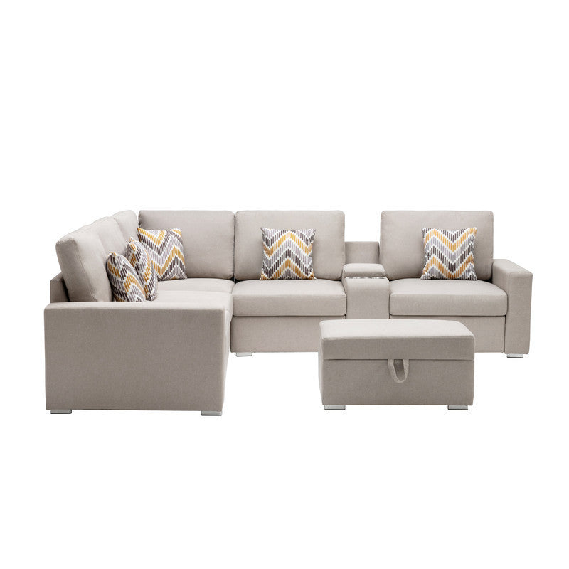 Nolan Beige Linen 7-Piece Sectional Sofa with Interchangeable Legs, Storage Ottoman, USB Charging Ports, and Cupholders