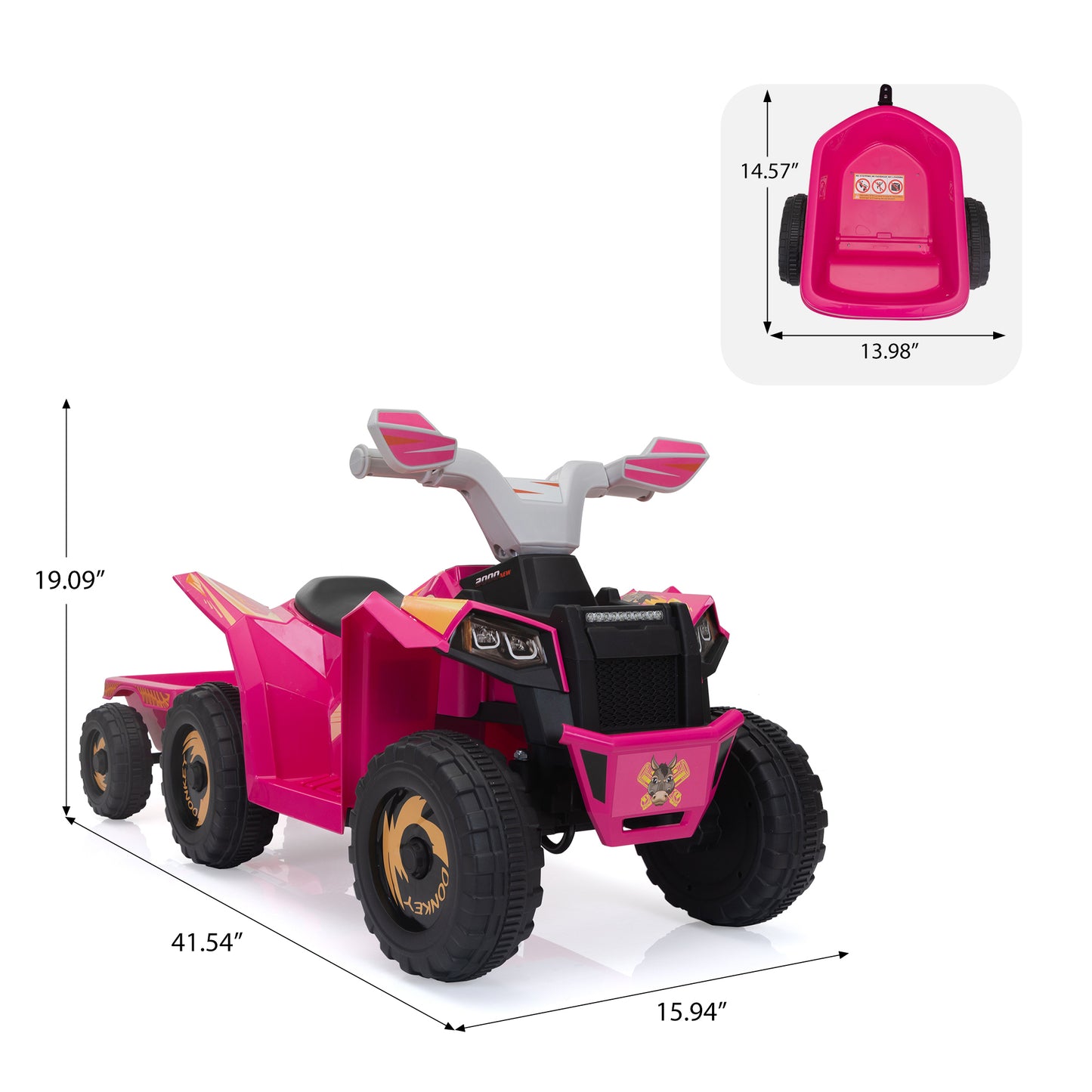 6V Kids Electric ATV, Toddler Ride on Car with Trailer, Music, Bluetooth and Power Display for Boys and Girls, Rosy