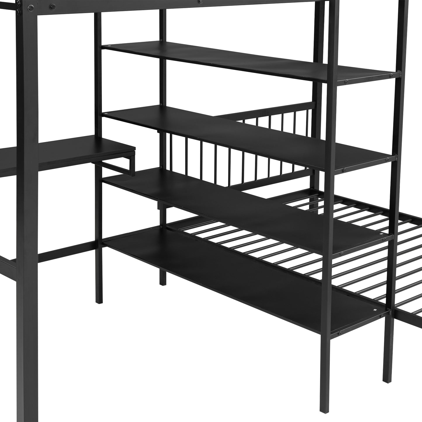 Black Metal Bunk Bed with Desk, Shelves, and Ladder