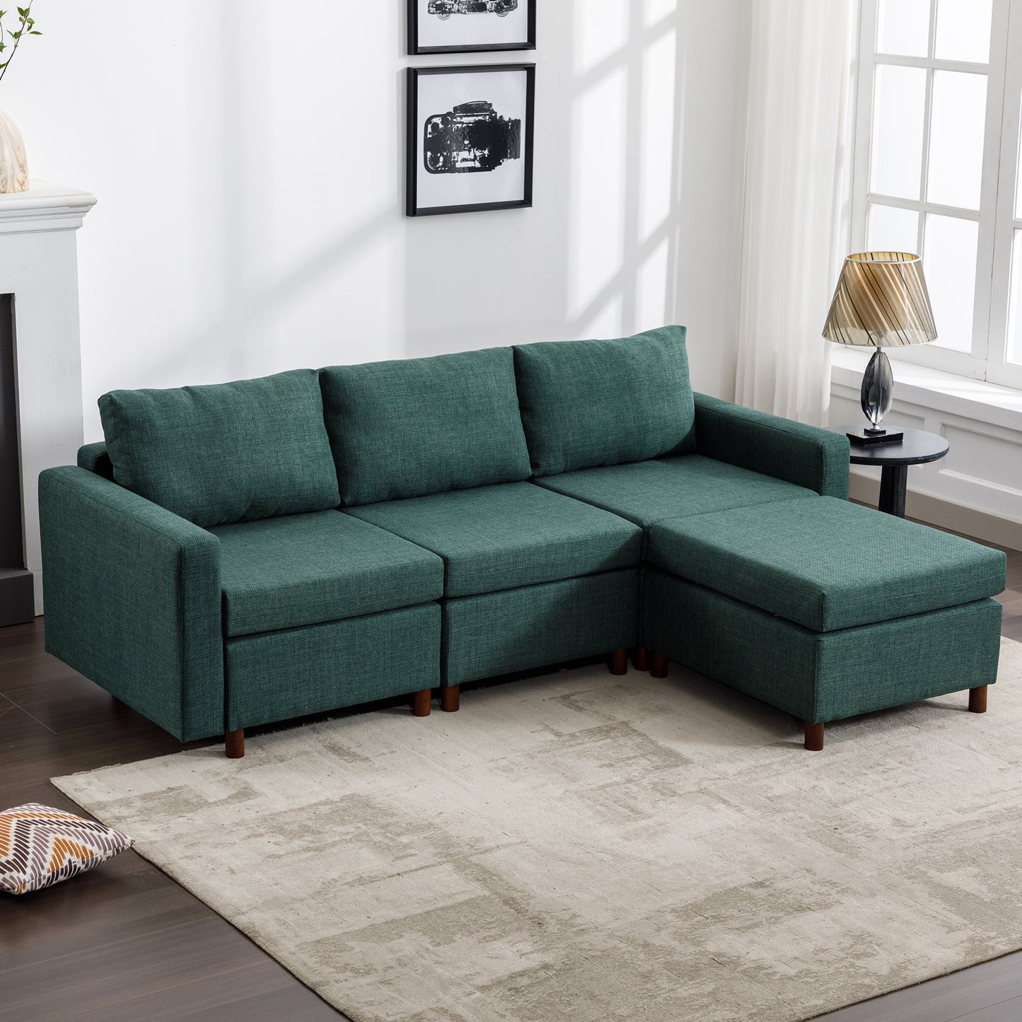 3-Seat Green Linen Sectional Sofa Set with Ottoman