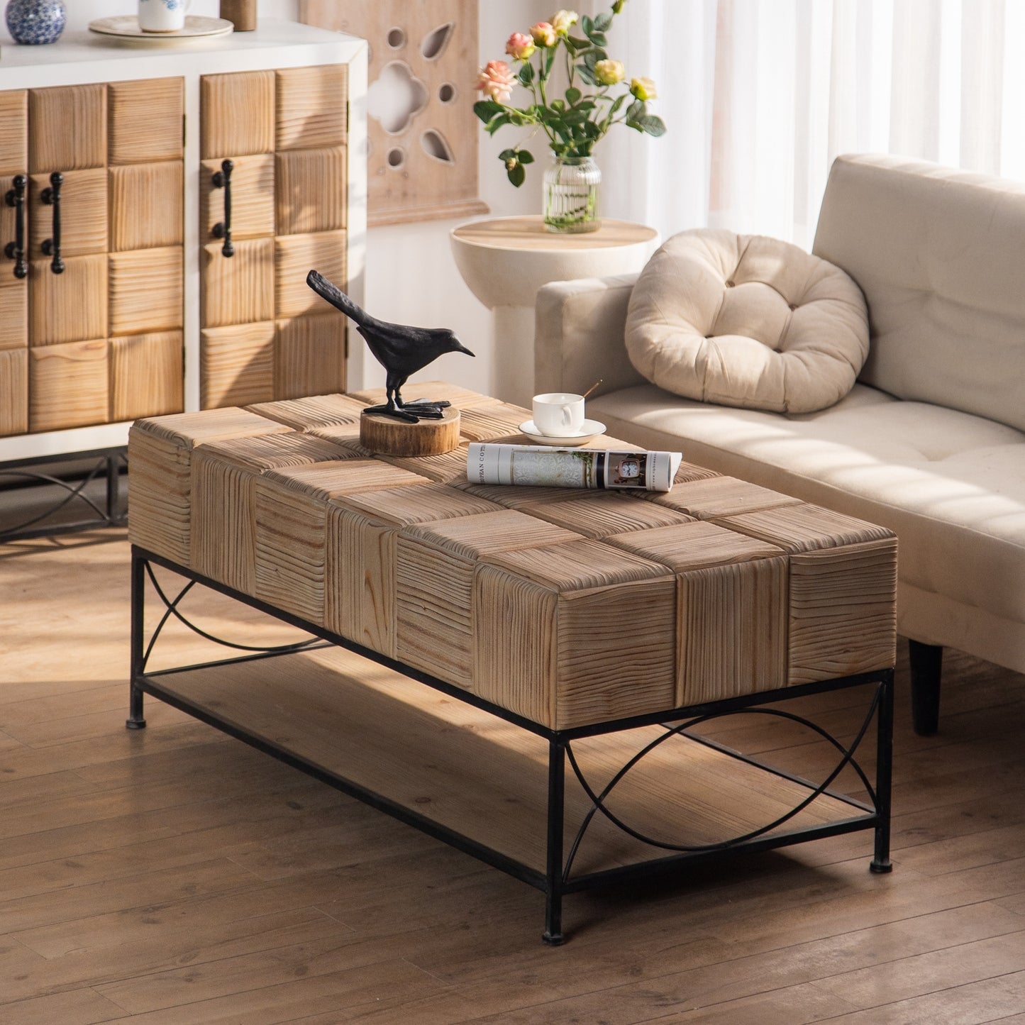 Retro Square Coffee Table with Small Grid Splicing Design