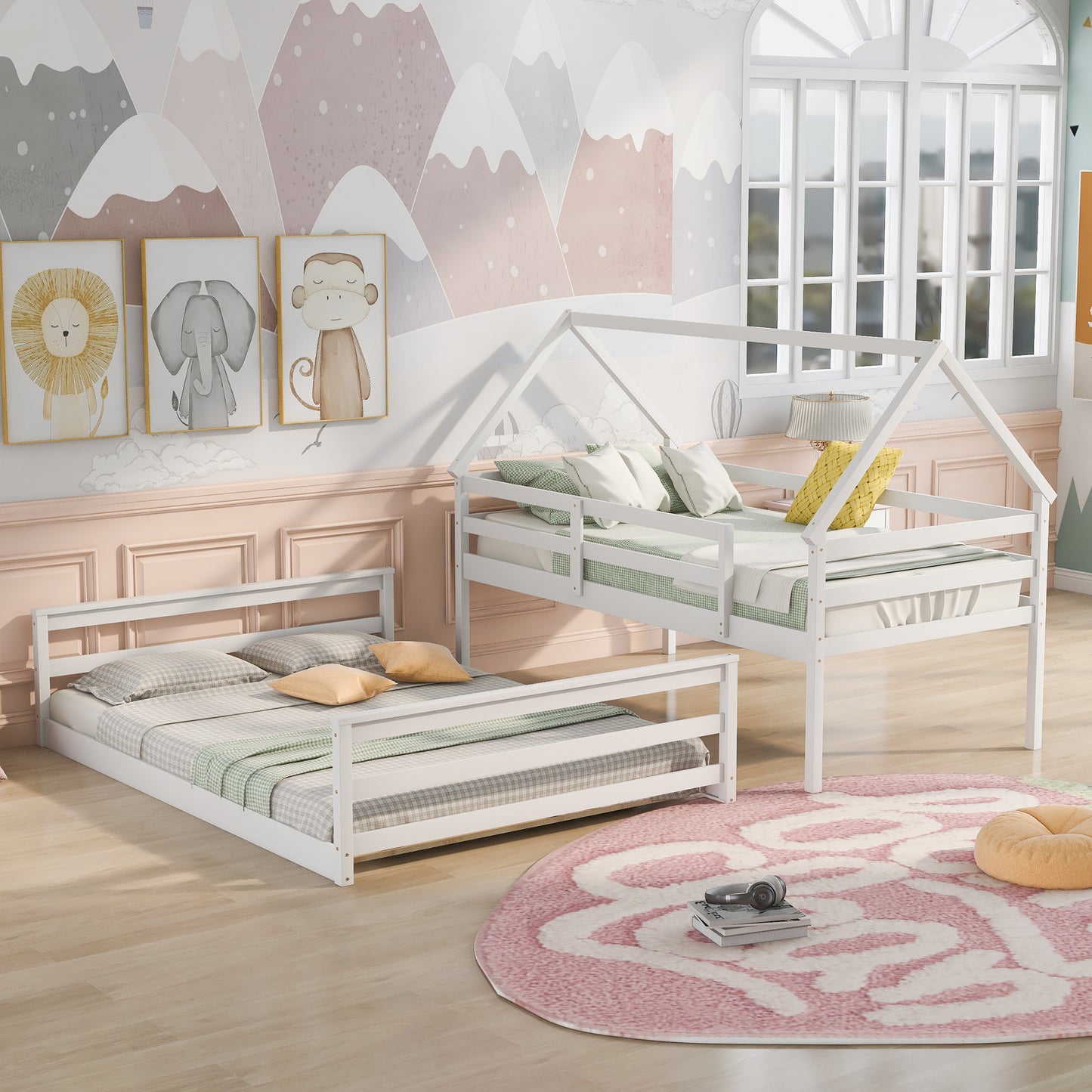 Playful White Twin over Full Bunk Bed with House-Inspired Design