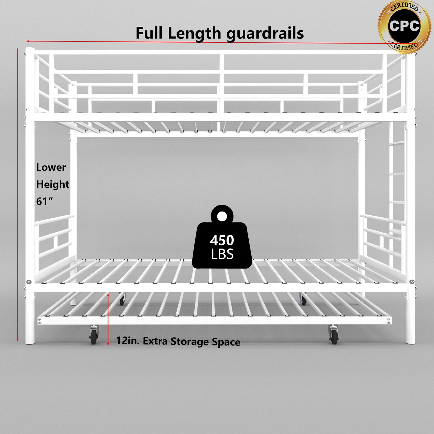 Bunk Bed with Trundle Twin over Twin in White - Sturdy, CPC Certified, Easy Assembly