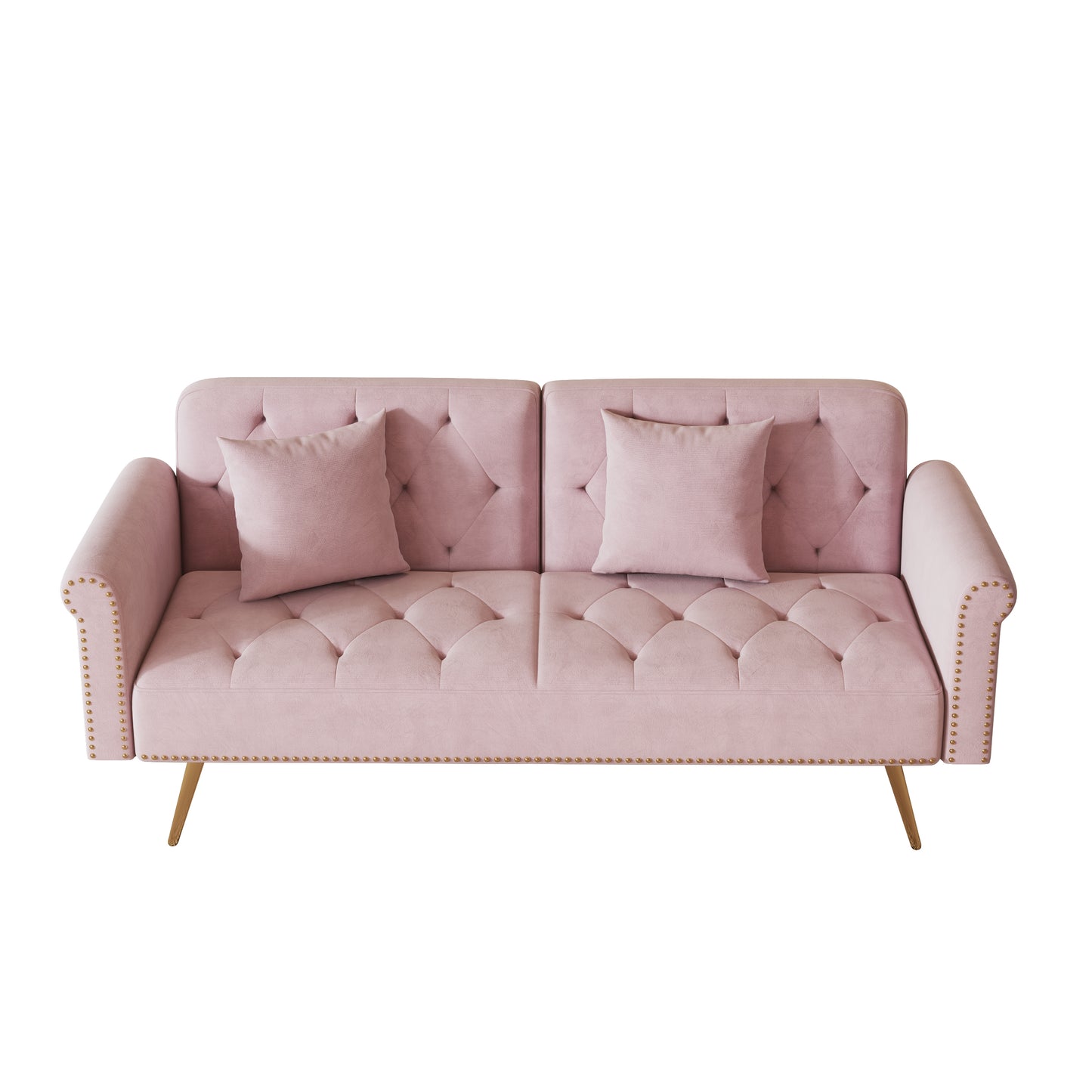 69.7 Elegant Pink Velvet Sofa Bed with Nail Head Accents and Throw Pillow