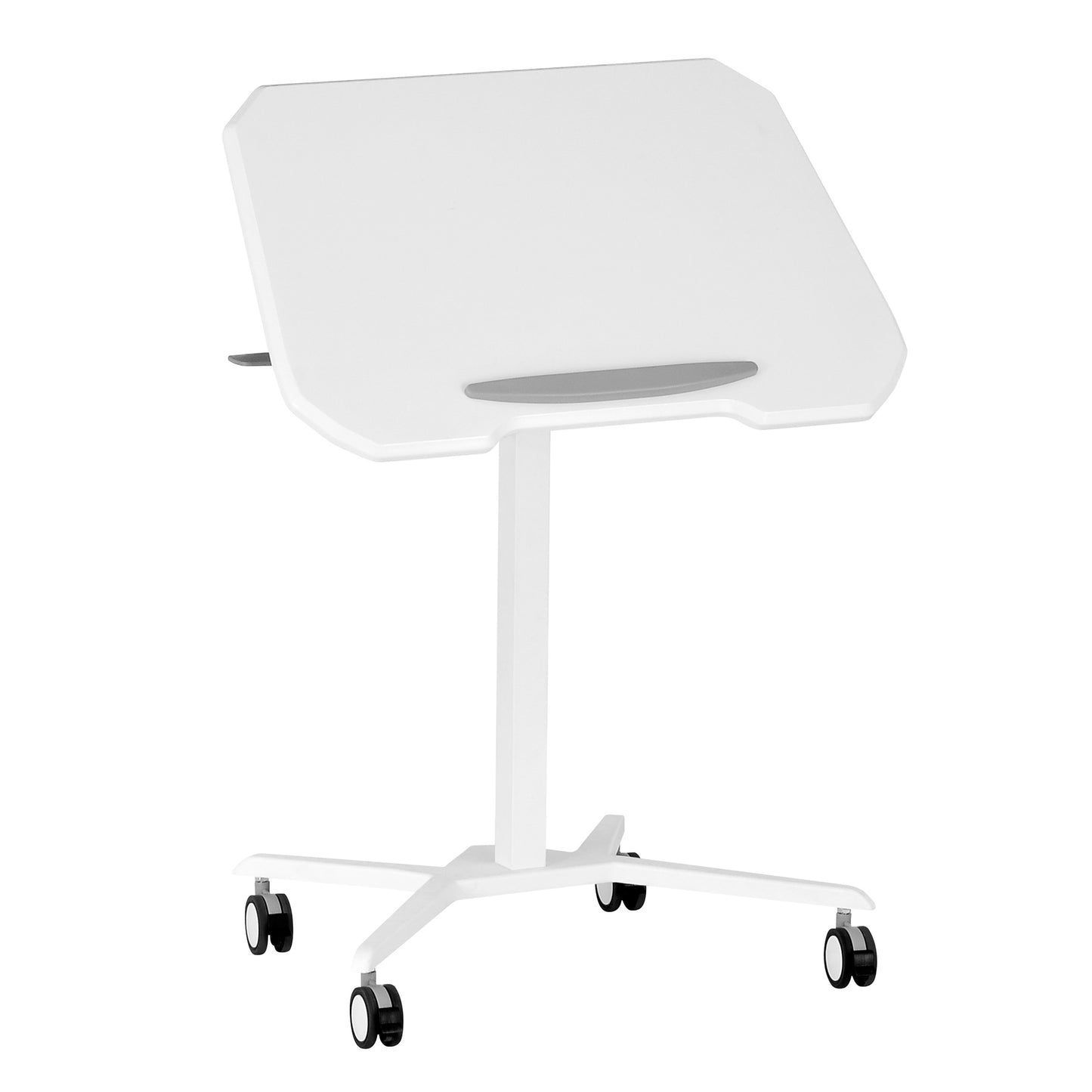 Adjustable White Laptop Stand with Tilt Tabletop and Rolling Mechanism