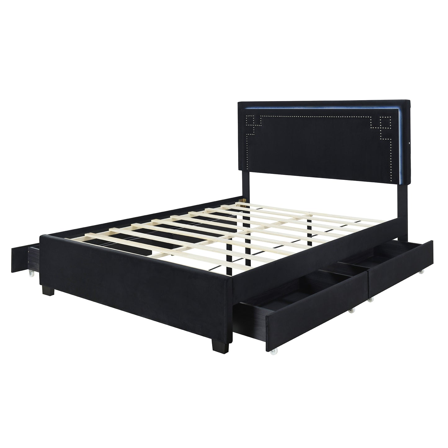 Queen Size Upholstered Platform Bed with Rivet-decorated Headboard, LED bed frame and 4 Drawers, Black