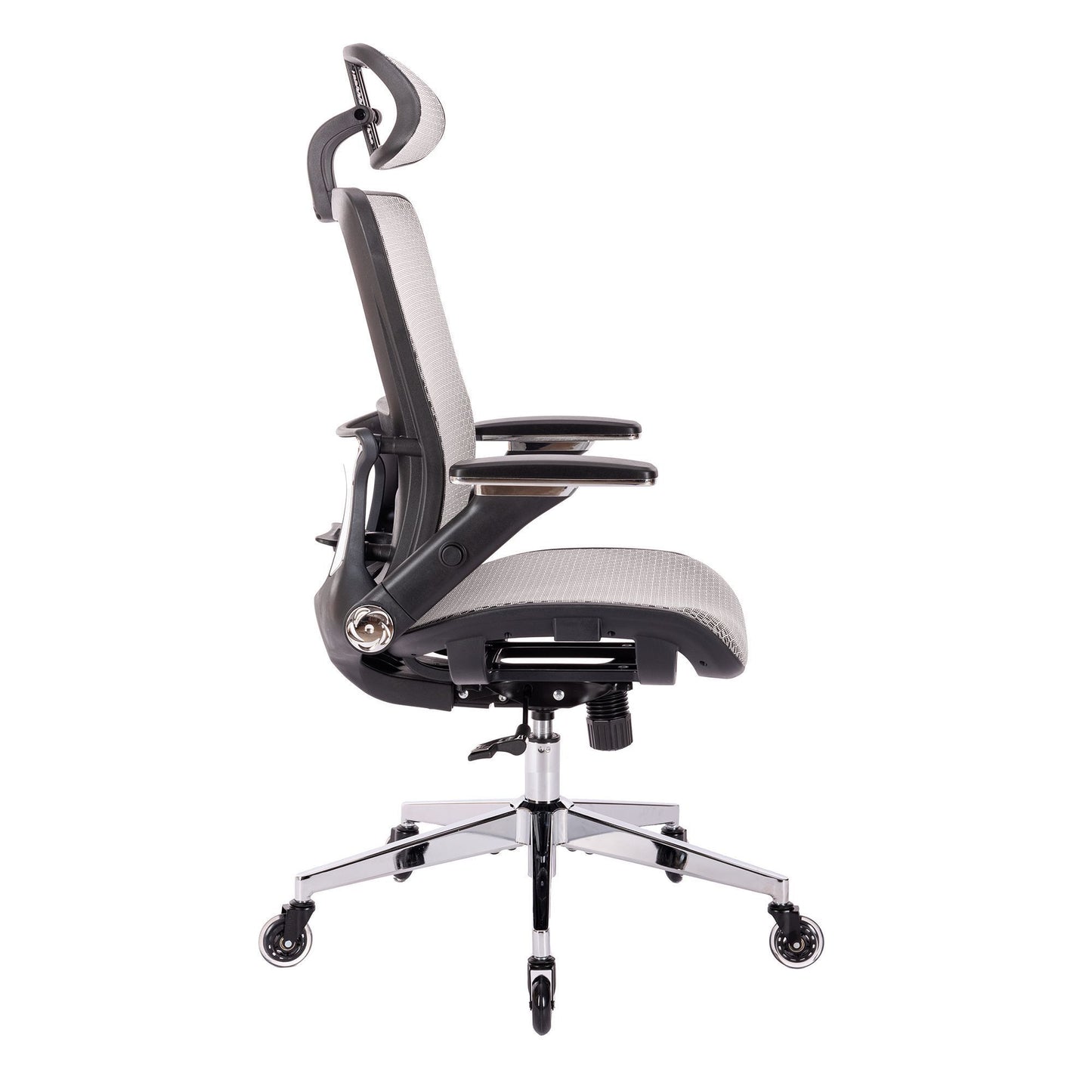 GREY Ergonomic Mesh Office Chair, High Back - Adjustable Headrest with Flip-Up Arms, Tilt and lock Function, Lumbar Support and blade Wheels, KD chrome metal legs